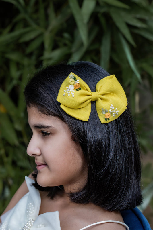 Pear Bear Hand Embroidered Hair Bow Mustard Yellow.