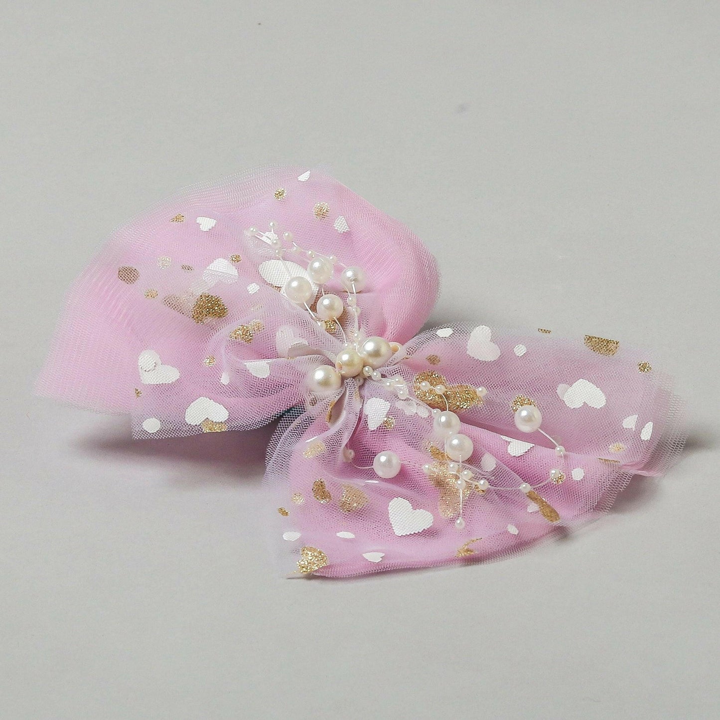 Pear Bear Lavender Two Tone Frilly Hair Bow with Pearl String.