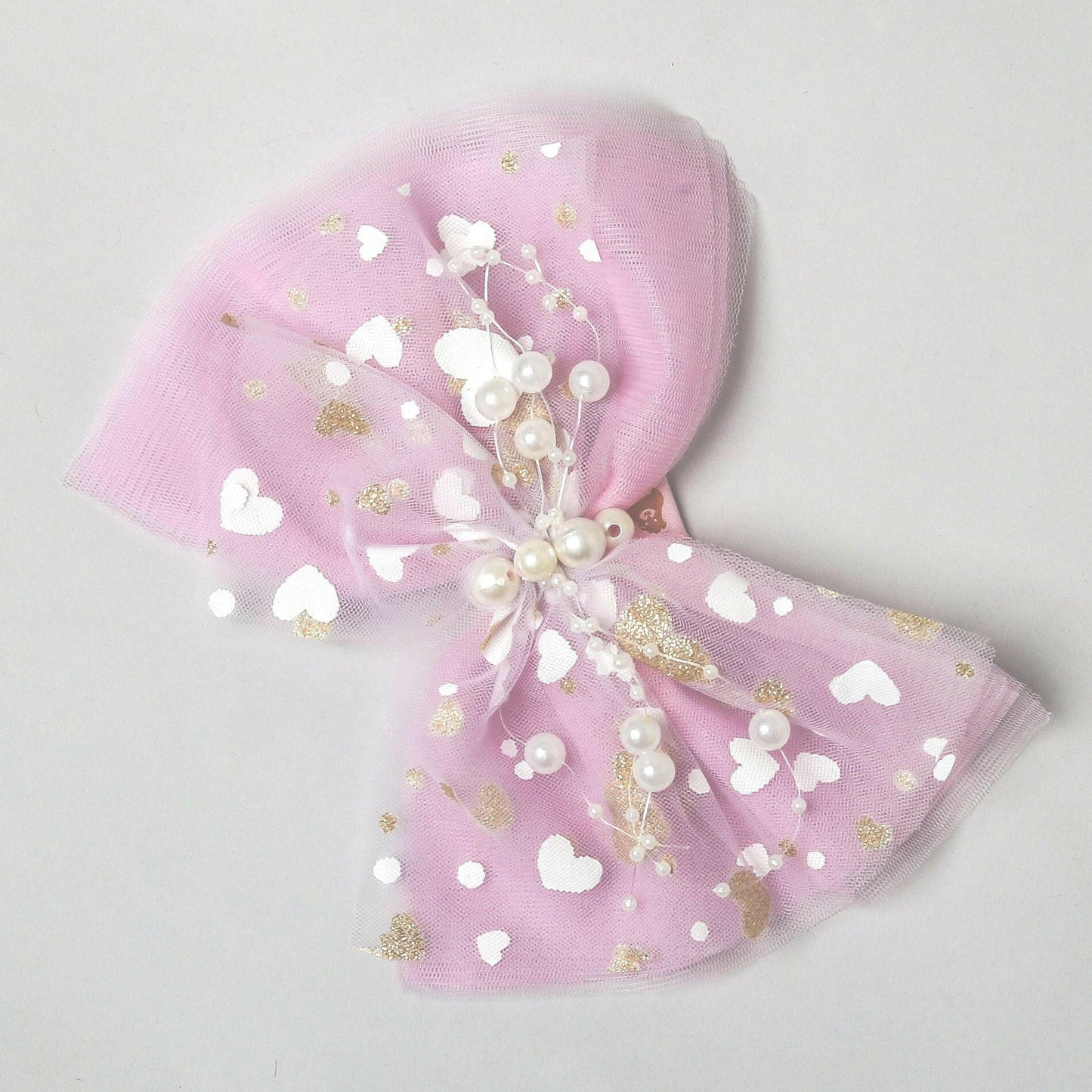 Pear Bear Lavender Two Tone Frilly Hair Bow with Pearl String.