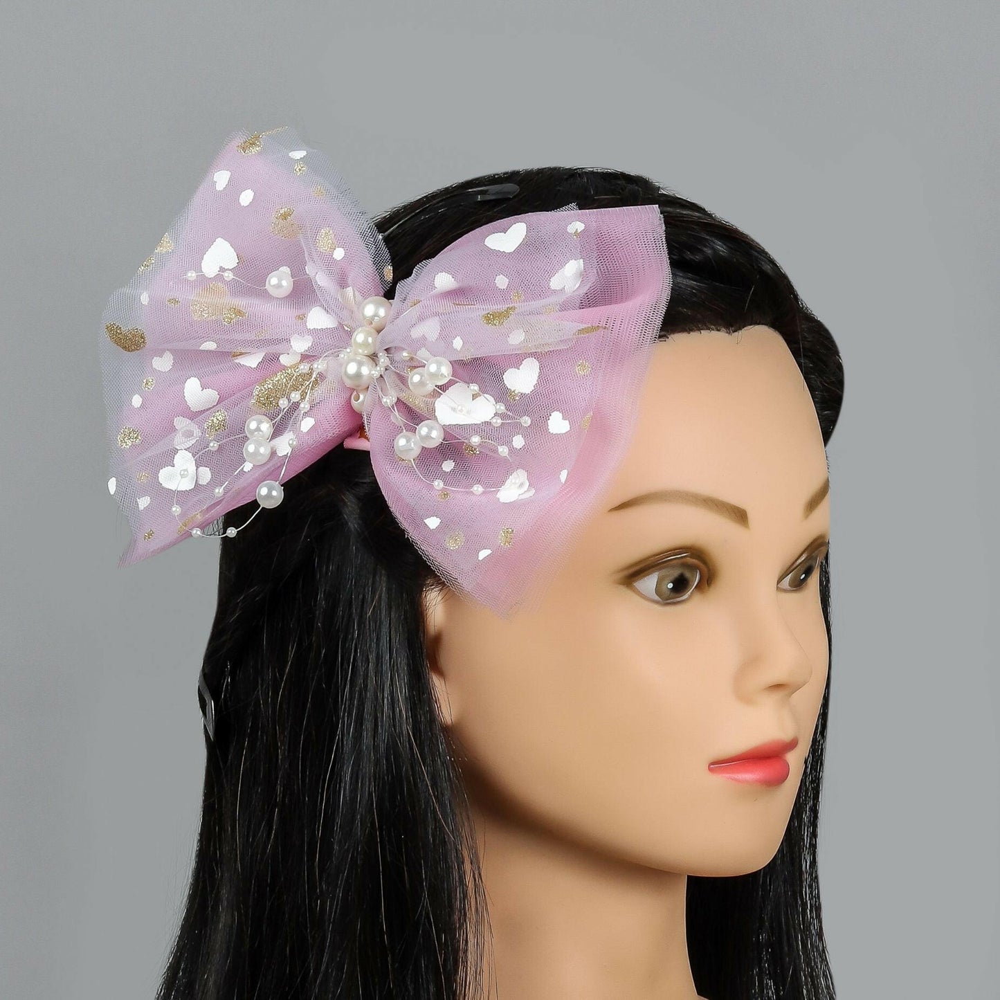 Pear Bear Lavender Two Tone Frilly Hair Bow with Pearl String.