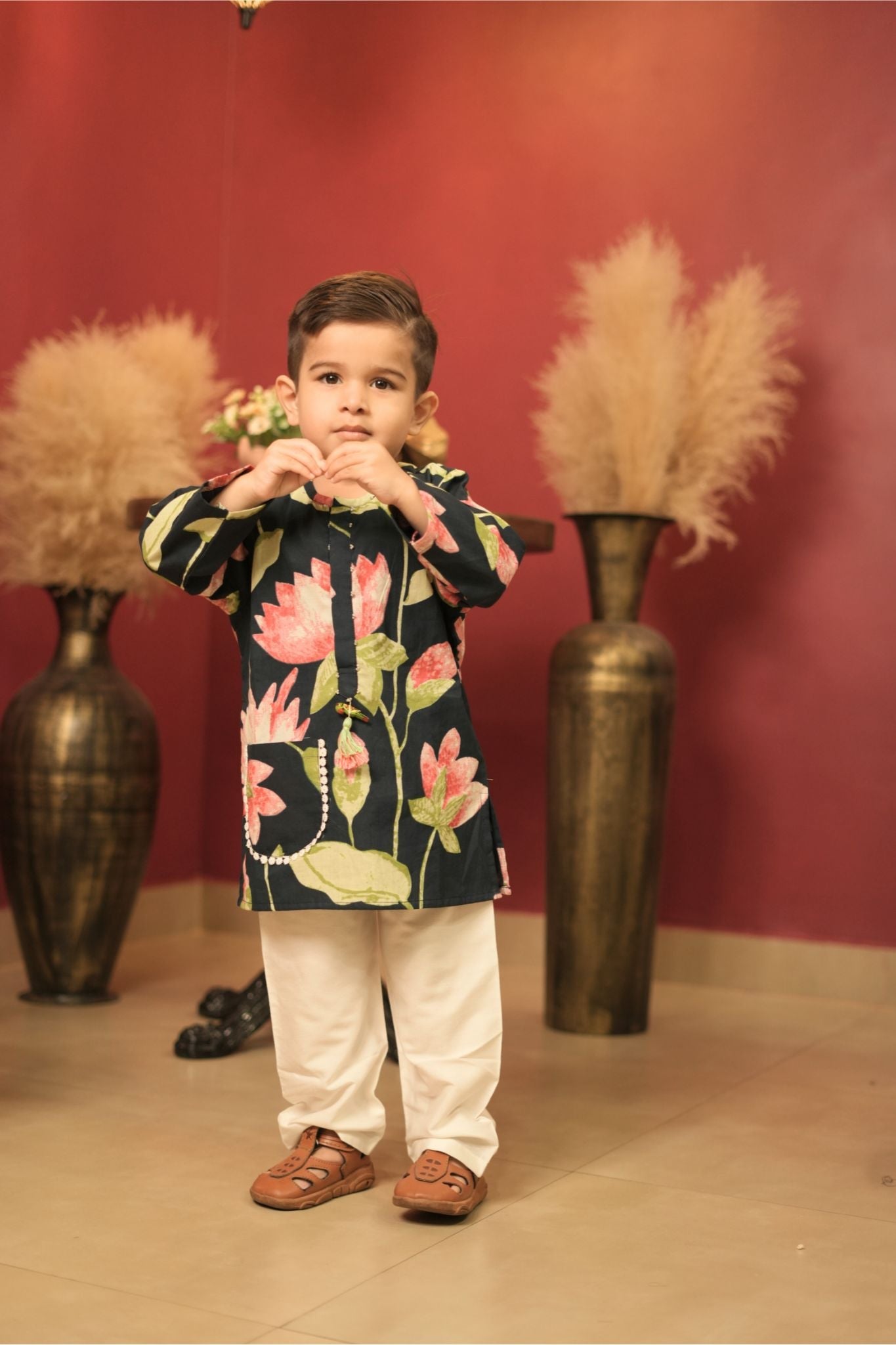 Pear Bear Lotus Print Pure Cotton Kurta Set.