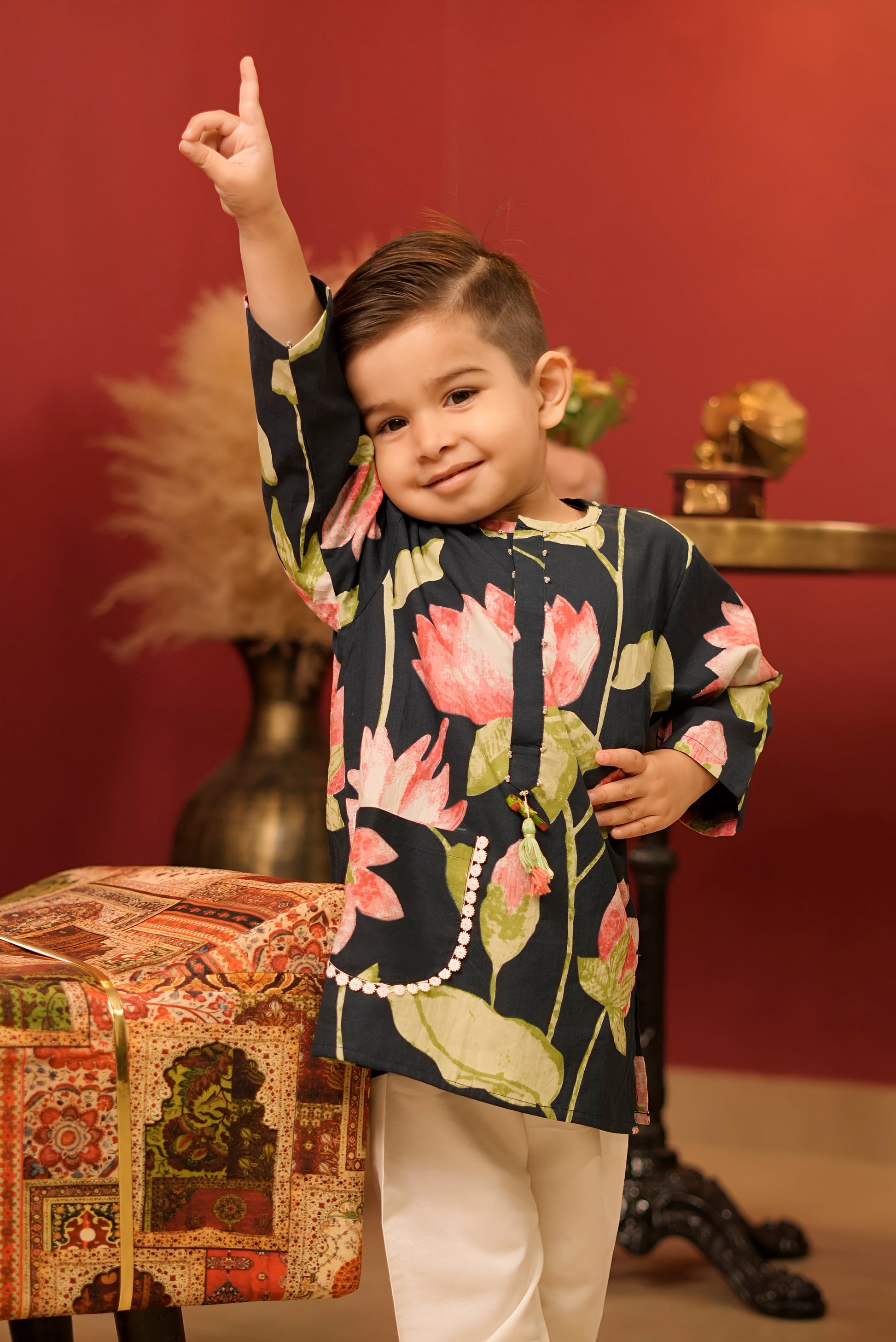 Pear Bear Lotus Print Pure Cotton Kurta Set.