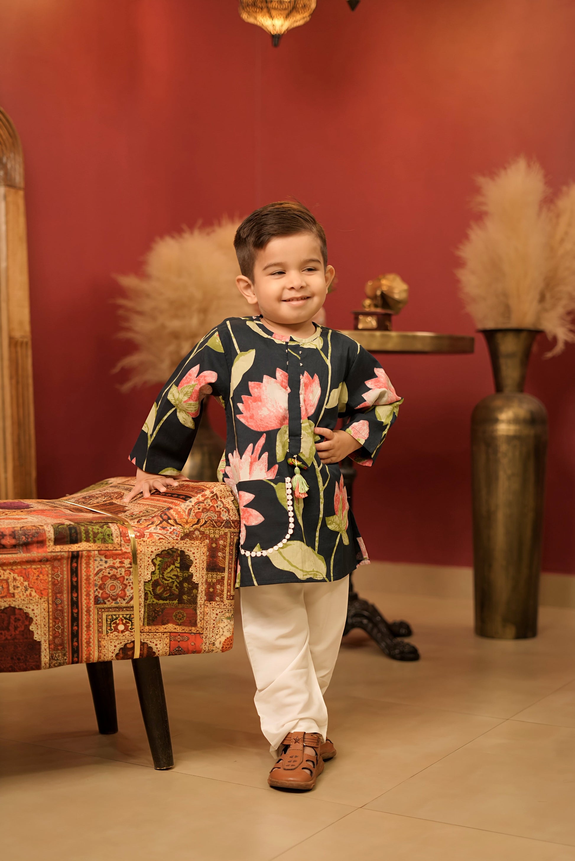 Pear Bear Lotus Print Pure Cotton Kurta Set.