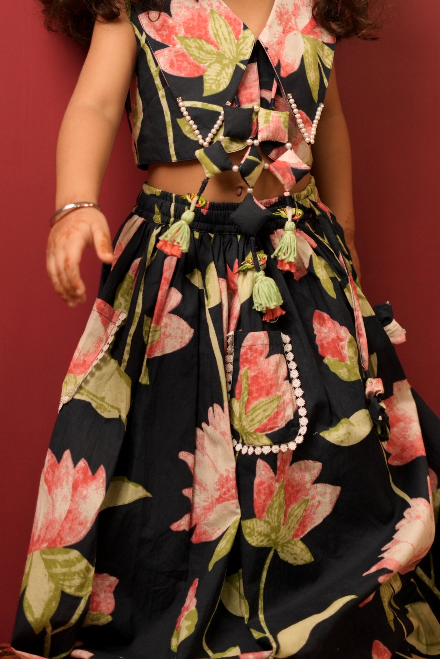 Pear Bear Lotus Print Pure Cotton Top & Lehenga With Matching Hand-made Neckpiece.