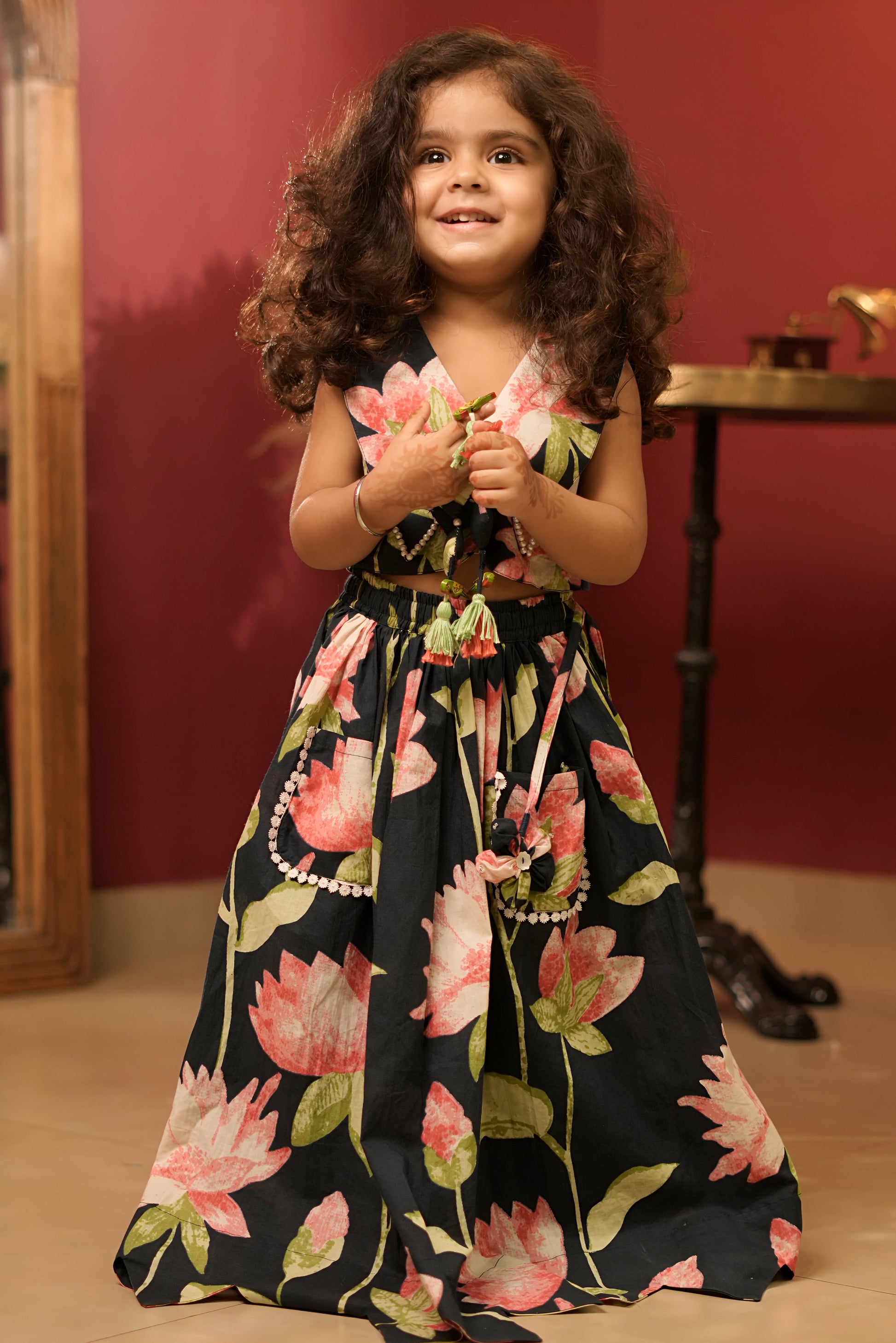 Pear Bear Lotus Print Pure Cotton Top & Lehenga With Matching Hand-made Neckpiece.