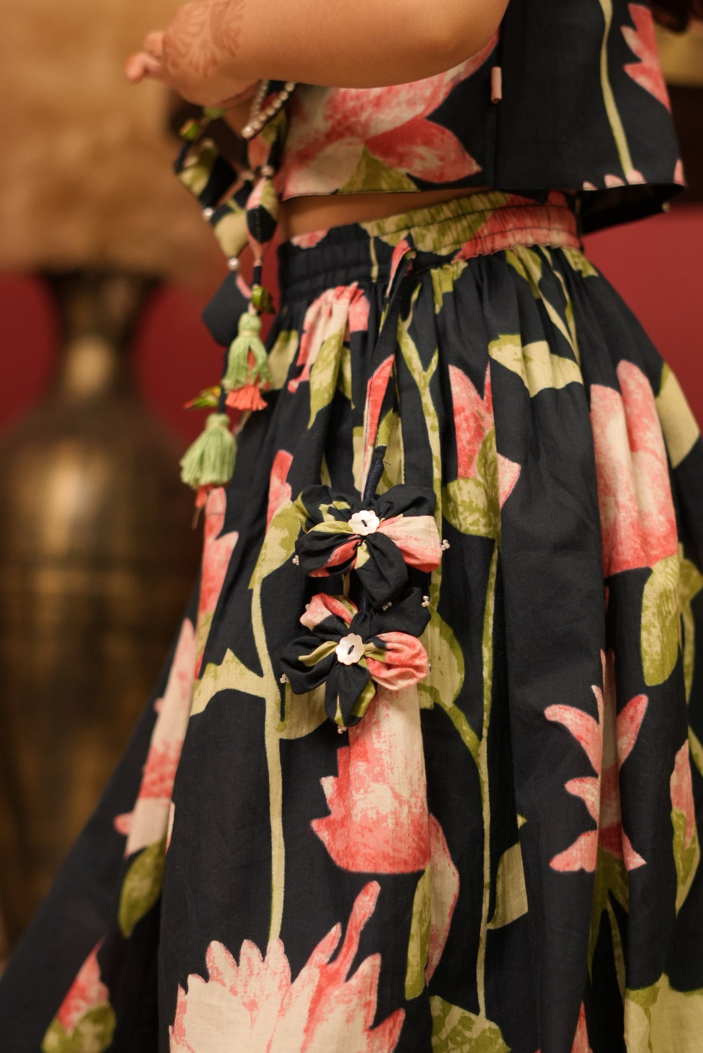 Pear Bear Lotus Print Pure Cotton Top & Lehenga With Matching Hand-made Neckpiece.
