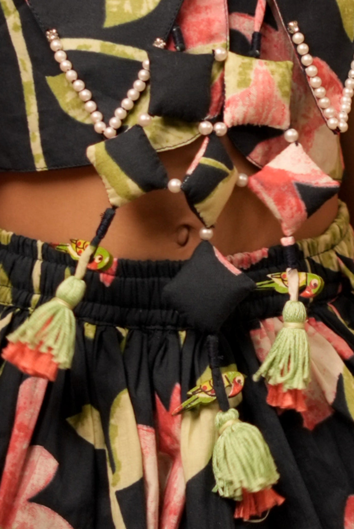 Pear Bear Lotus Print Pure Cotton Top & Lehenga With Matching Hand-made Neckpiece.