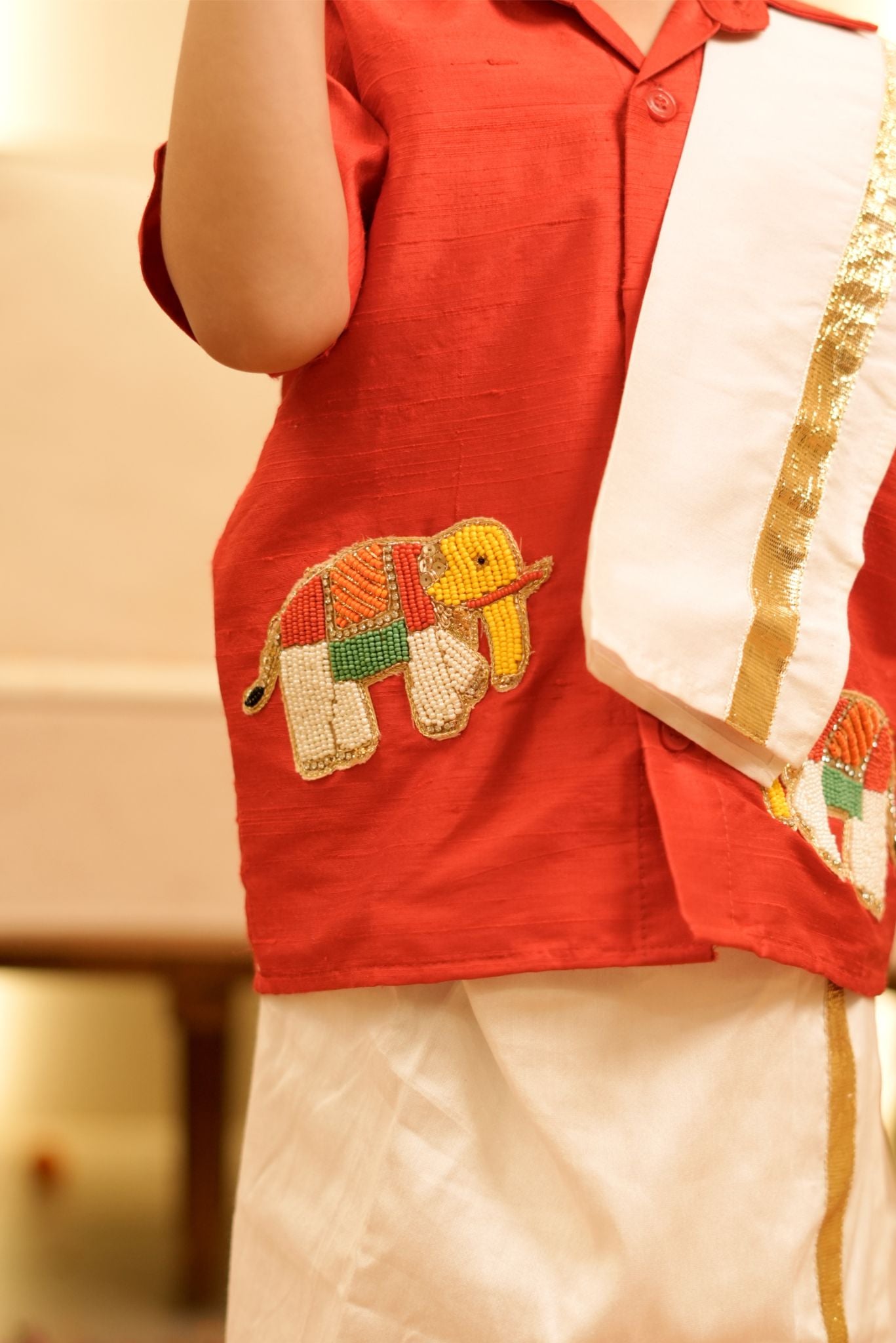 Pear Bear Multicolor Elephant Embroidered Red Shirt With Mundu(Lungi) And Angavastram (Shawl) Set.