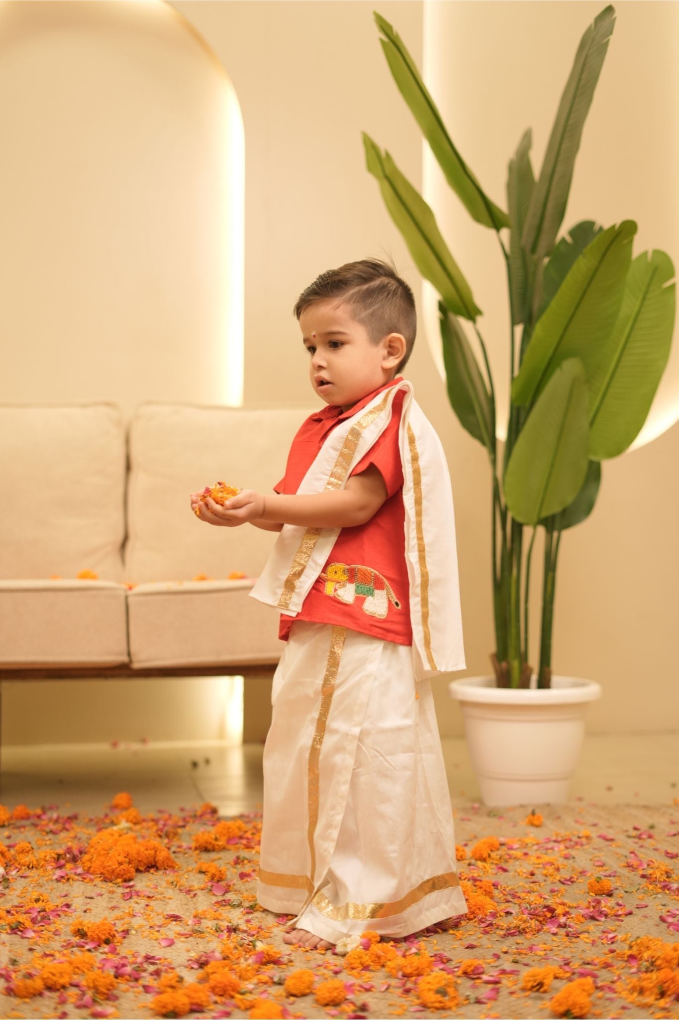 Pear Bear Multicolor Elephant Embroidered Red Shirt With Mundu(Lungi) And Angavastram (Shawl) Set.