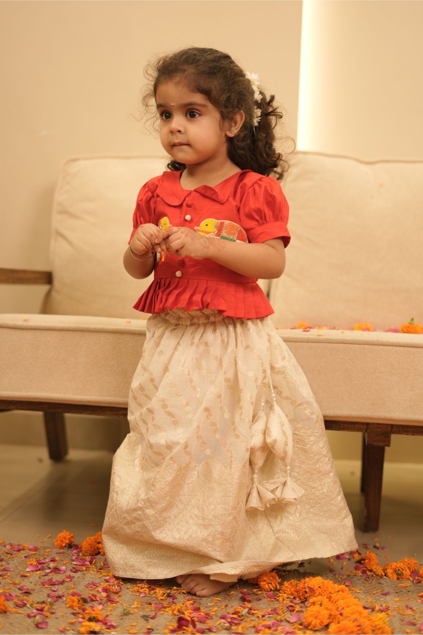 Pear Bear Multicolor Elephant Embroidered Traditional South Style Red Top with Chanderi Lehenga.