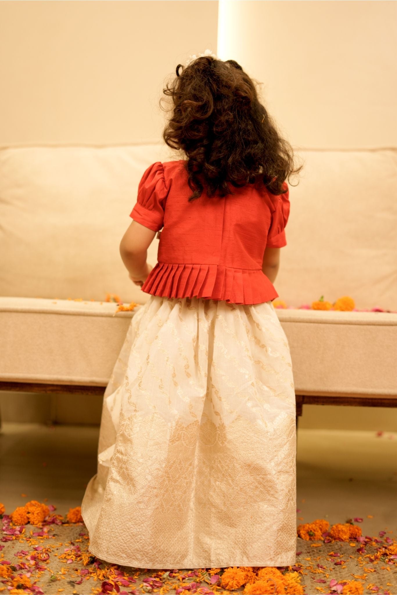 Pear Bear Multicolor Elephant Embroidered Traditional South Style Red Top with Chanderi Lehenga.