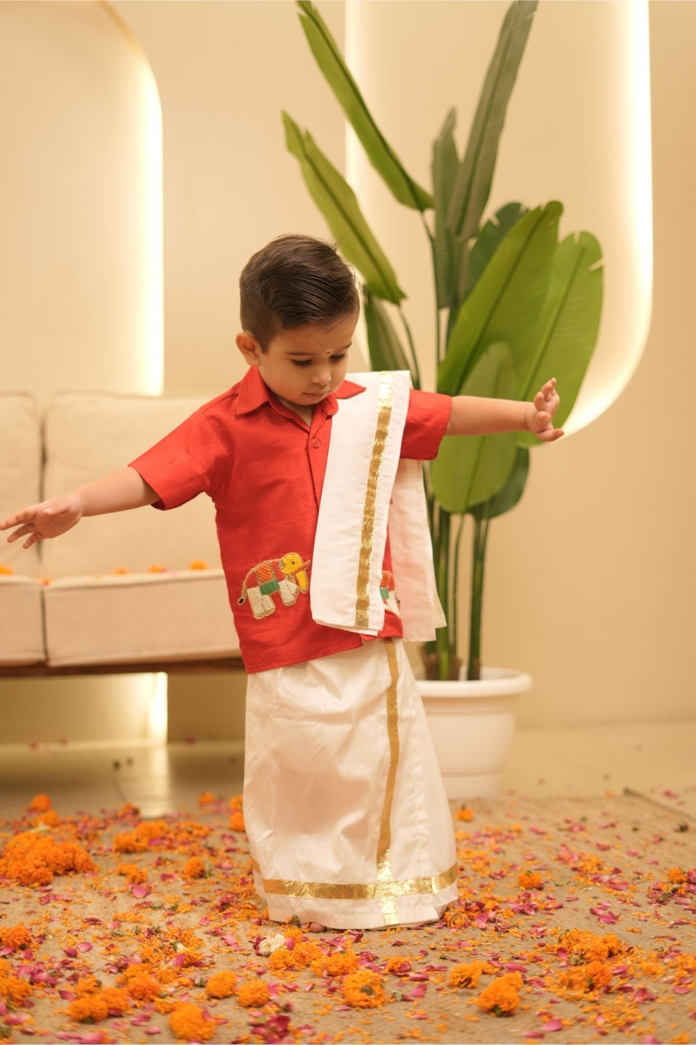 Pear Bear Multicolor Elephant Embroidered Traditional South Style Red Top with Chanderi Lehenga.