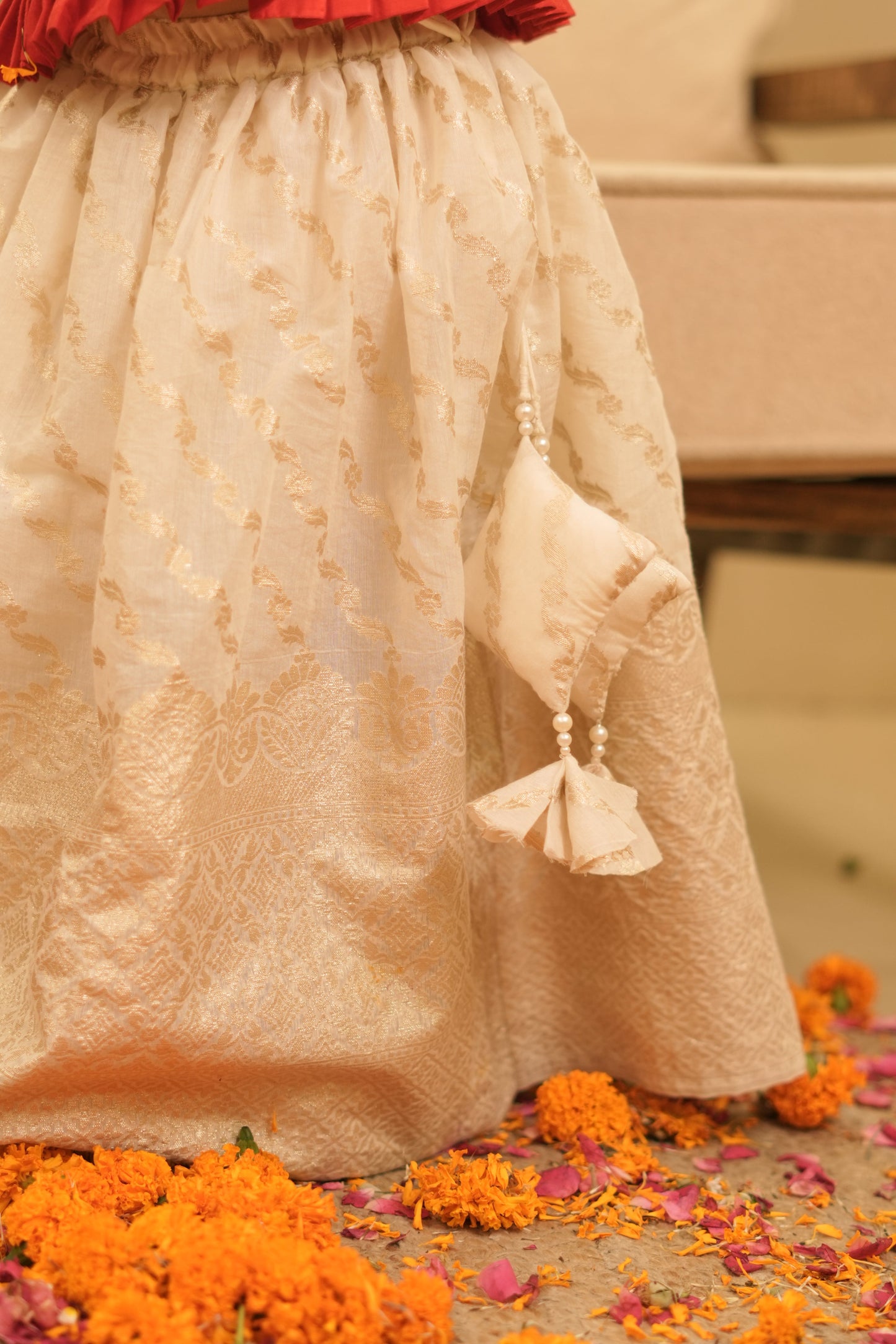 Pear Bear Multicolor Elephant Embroidered Traditional South Style Red Top with Chanderi Lehenga.