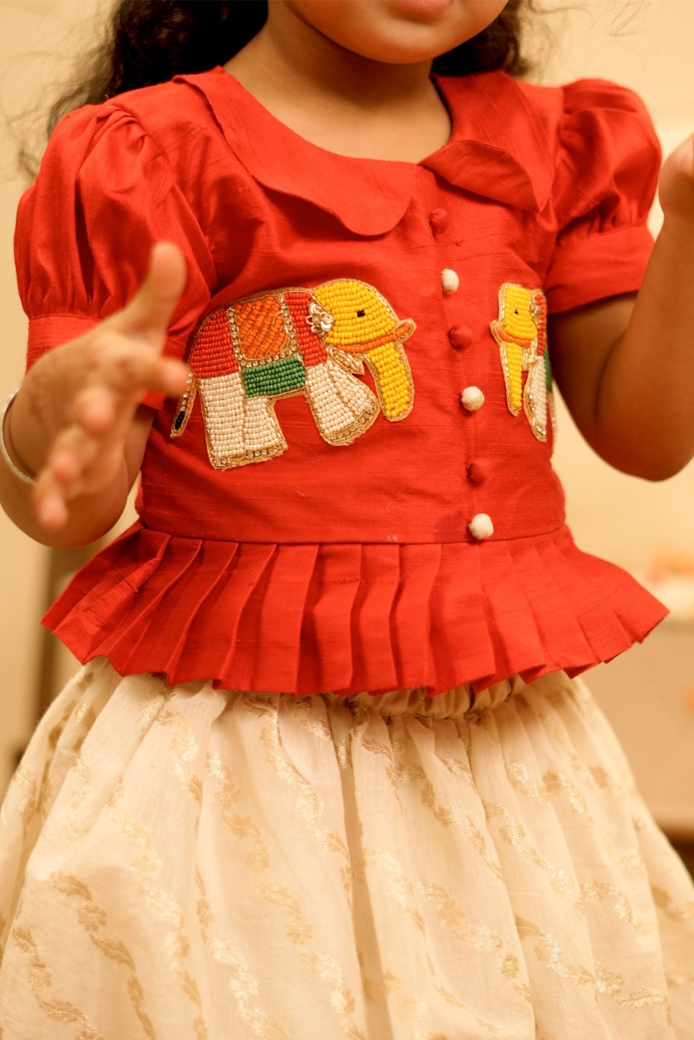 Pear Bear Multicolor Elephant Embroidered Traditional South Style Red Top with Chanderi Lehenga.