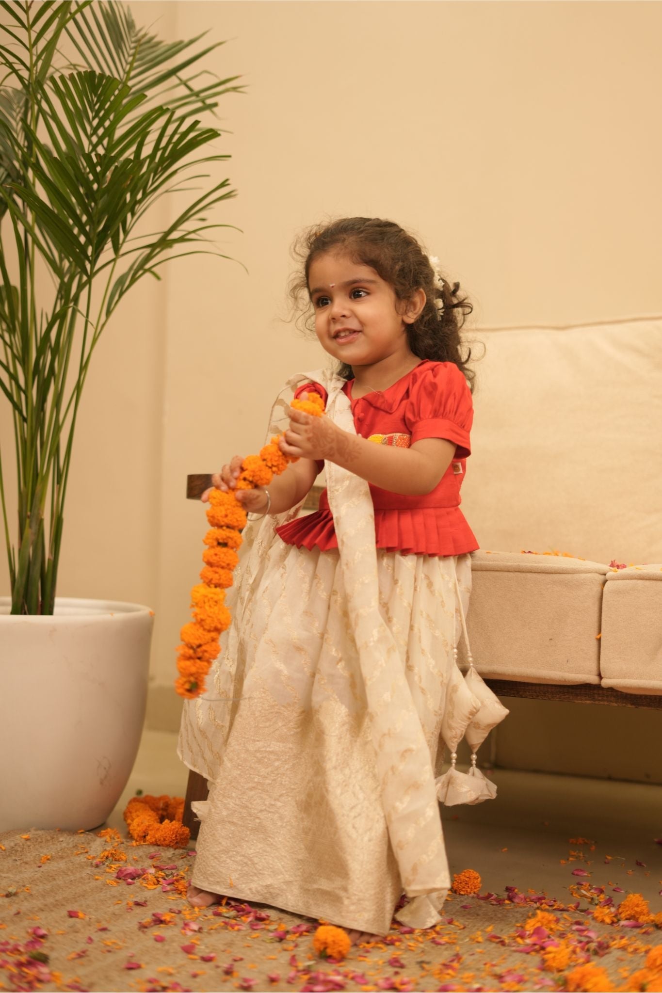 Pear Bear Multicolor Elephant Embroidered Traditional South Style Red Top with Chanderi Lehenga.