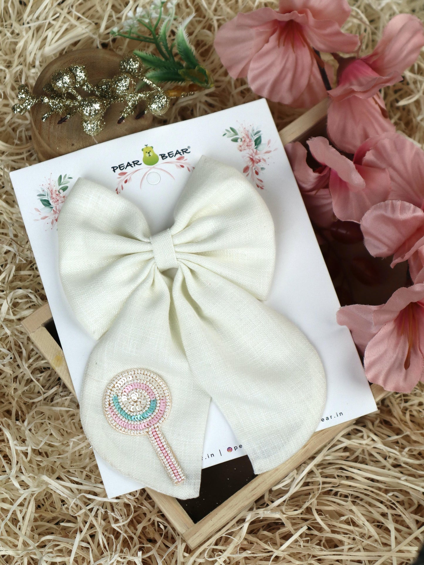 Pear Bear Off-white Lollipop Pigtail Bow Clip.