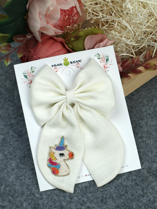Pear Bear Off White Unicorn Pigtail Bow Clip.