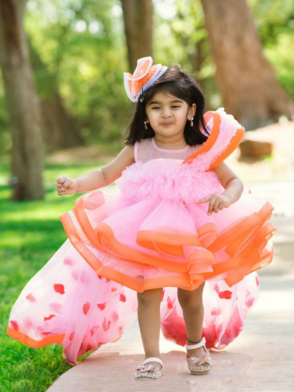 Pear Bear Orange Pink Falling Petals Dress.