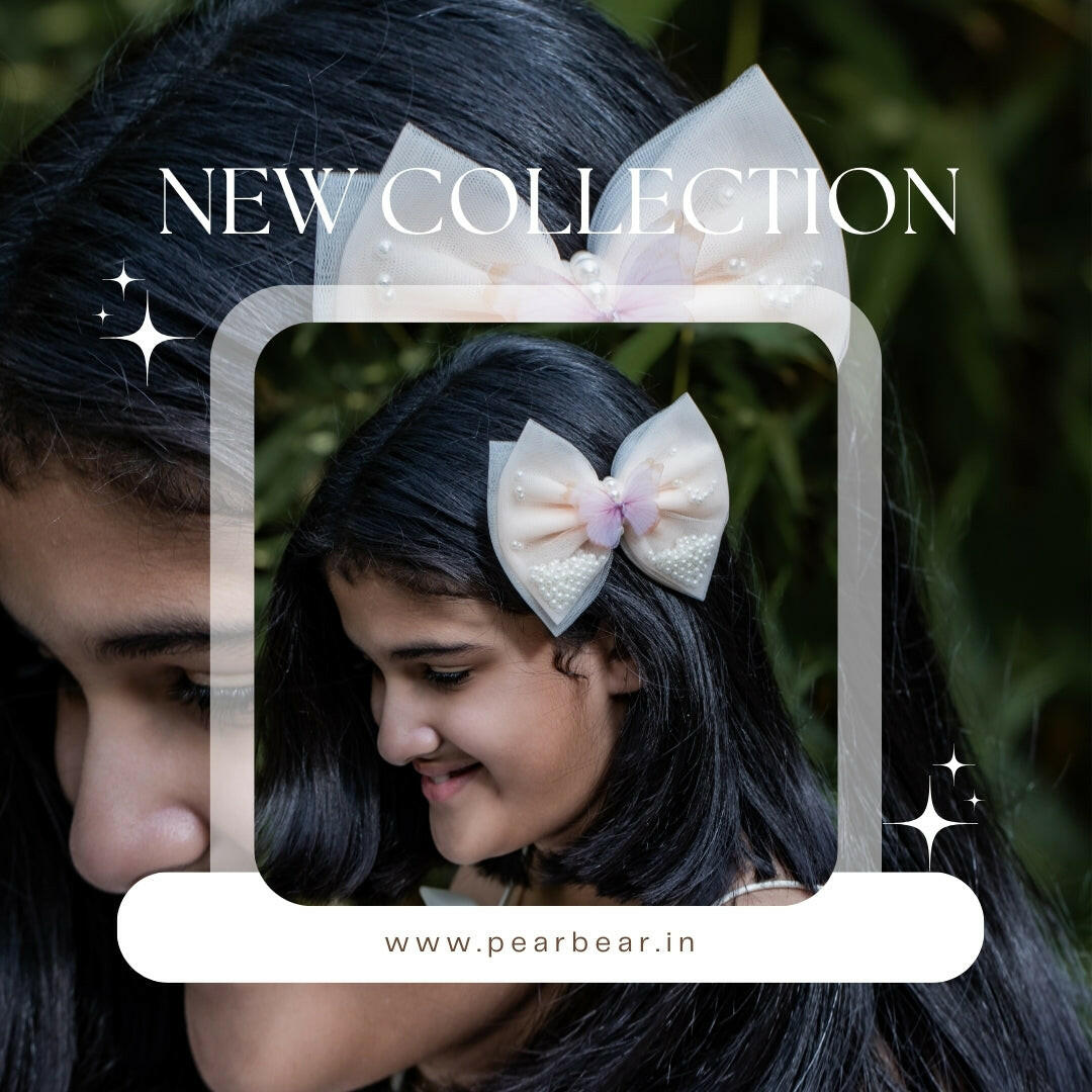 Pear Bear Peach And Off White Dual Bow Hair clip.
