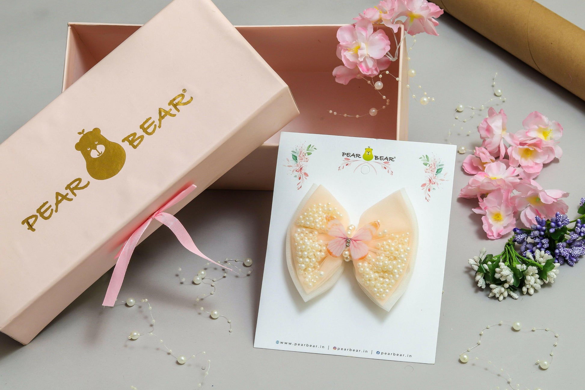 Pear Bear Peach And Off White Dual Bow Hair clip.