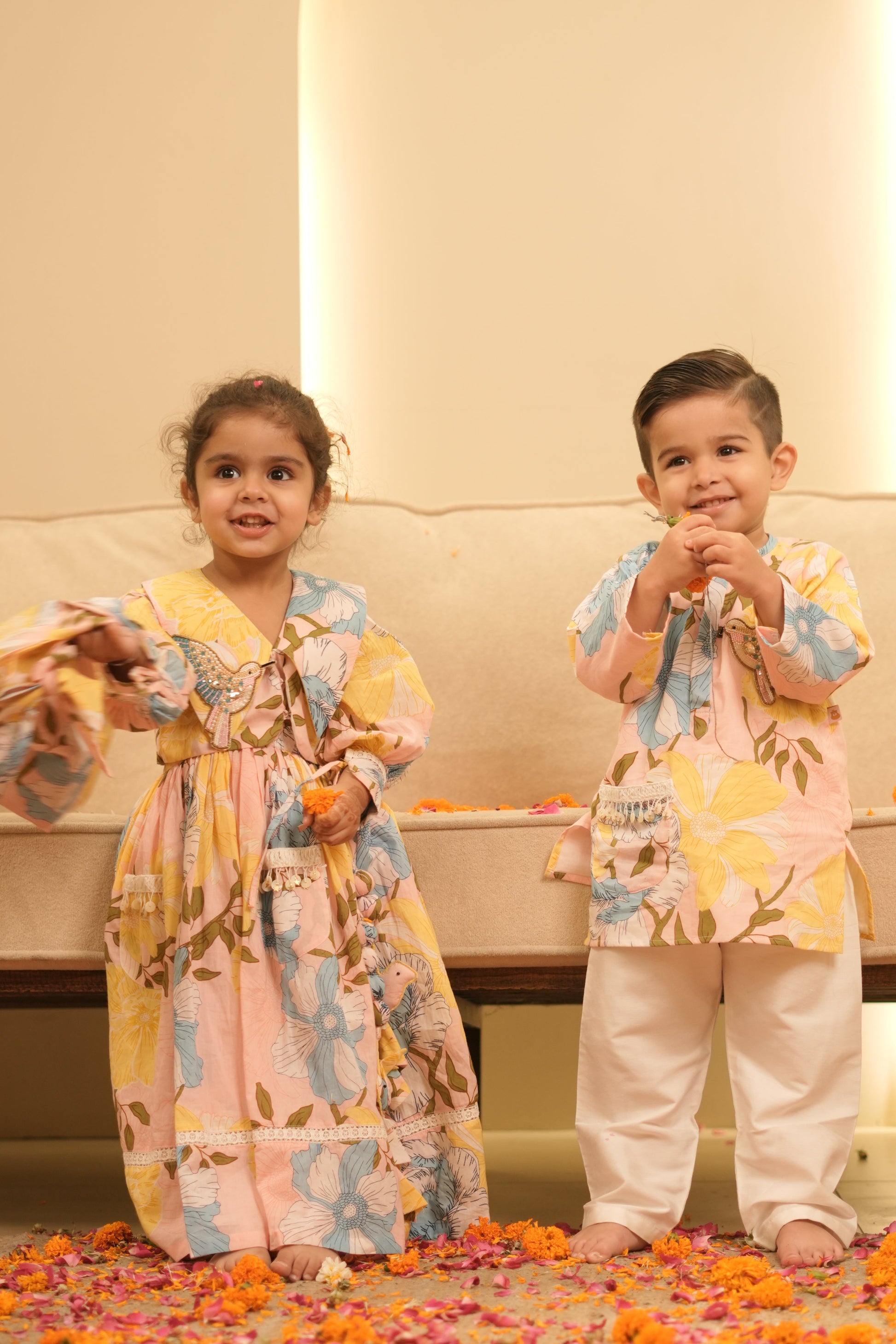 Pear Bear Peach Floral Printed Kurta Set.