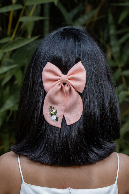 Pear Bear Peach Hand Embroidered Pigtail Bow.