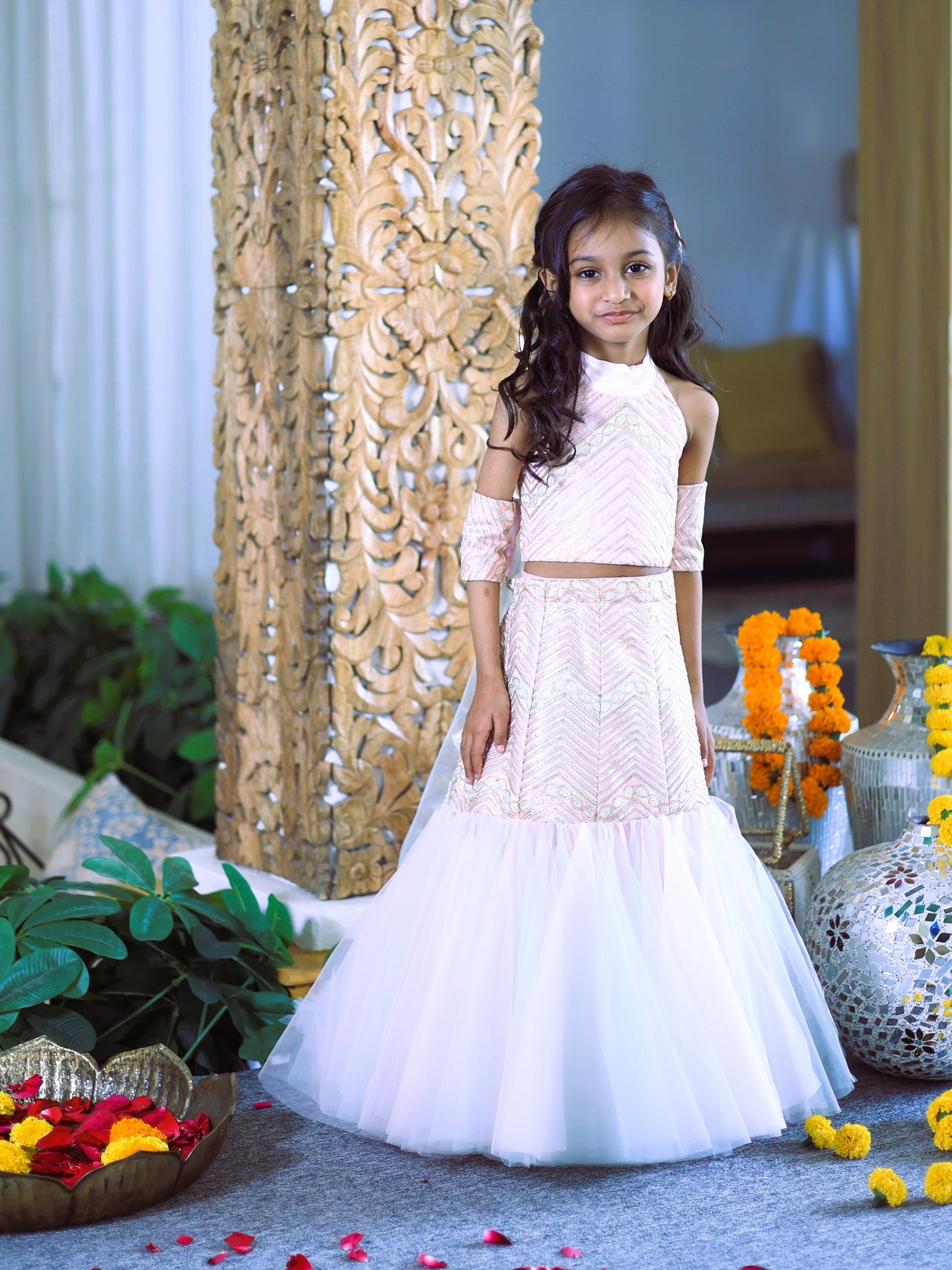 Pear Bear Pink Flared Lehenga With Sleeve Dupatta.