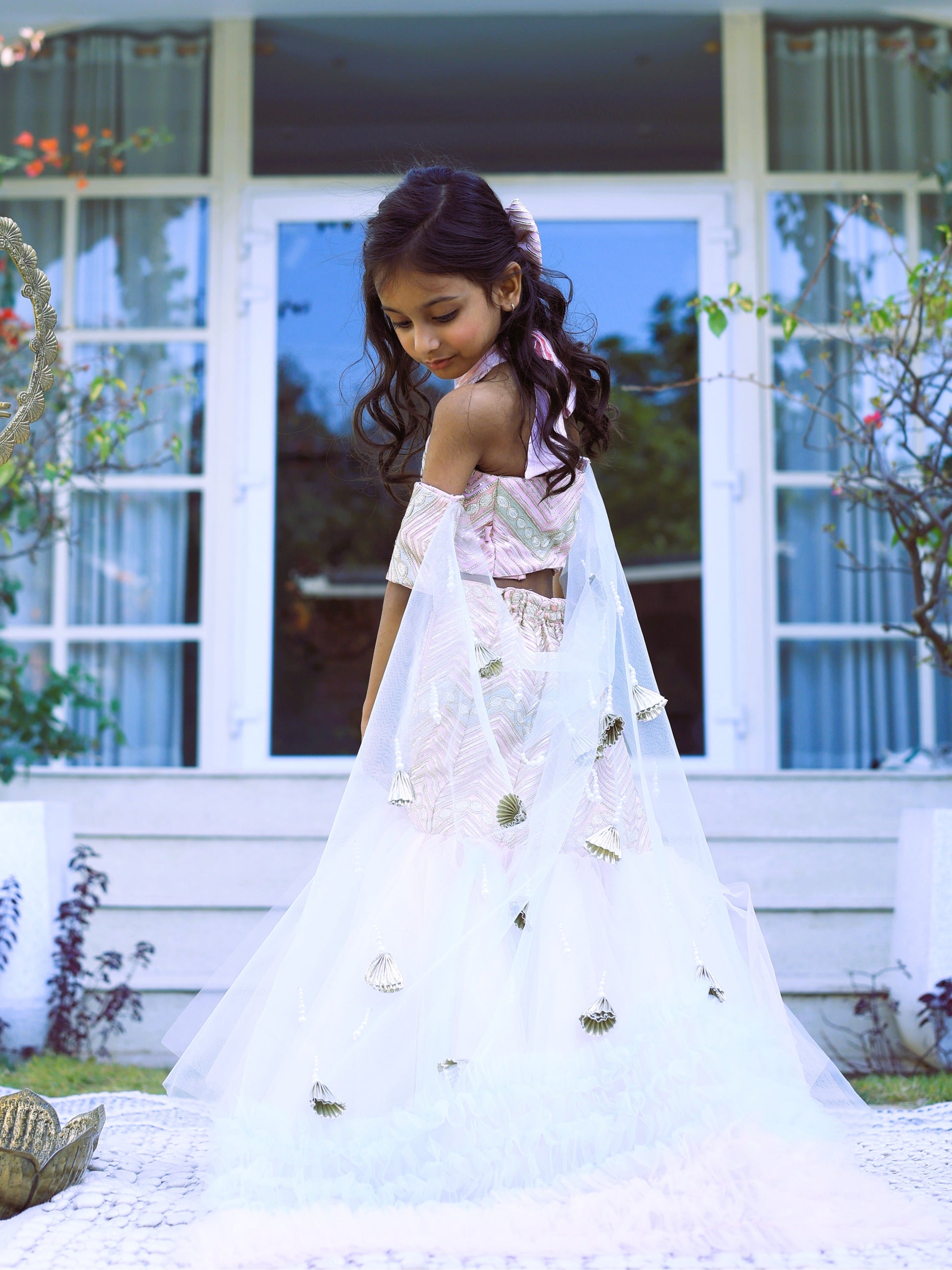 Pear Bear Pink Flared Lehenga With Sleeve Dupatta.