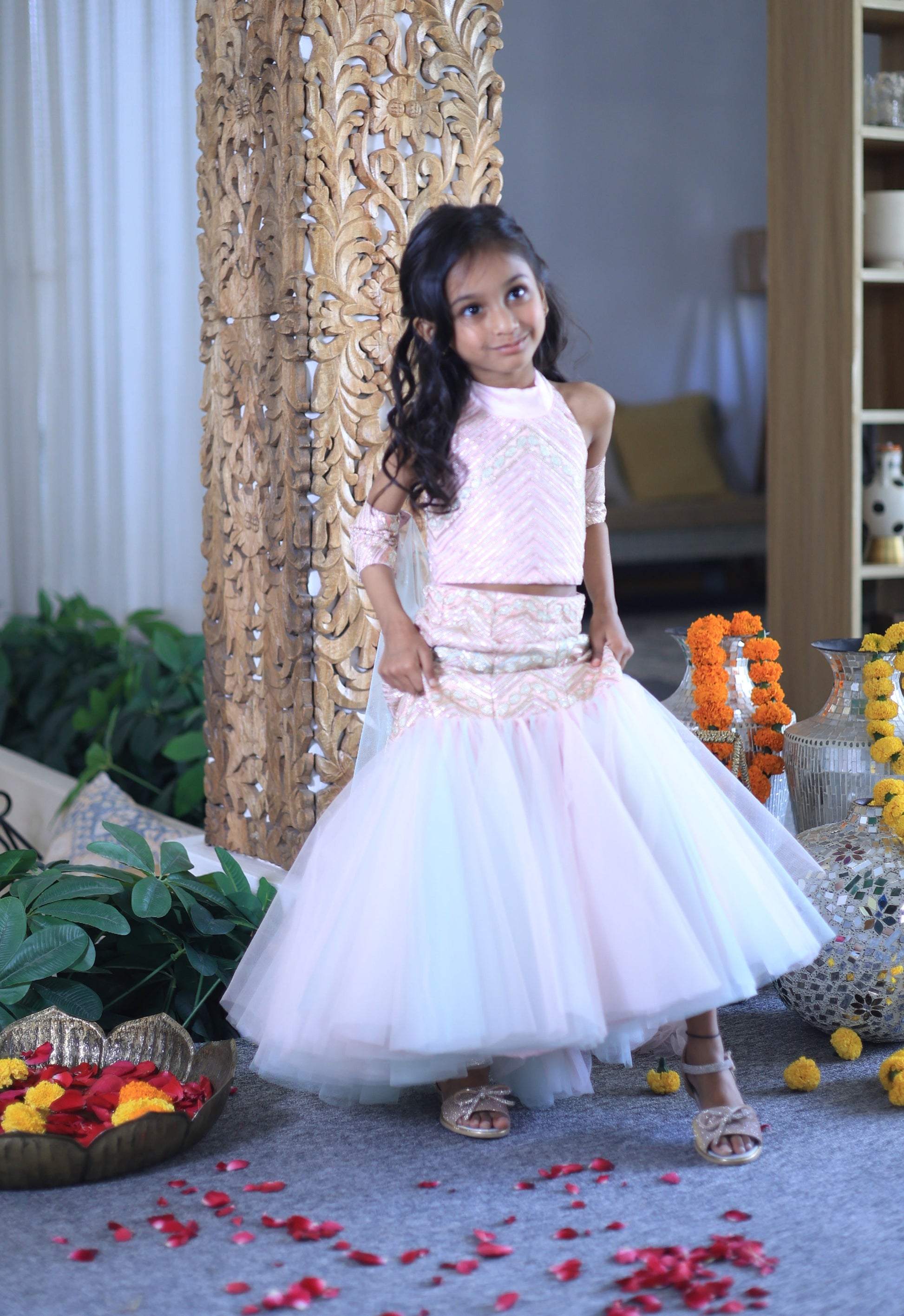 Pear Bear Pink Flared Lehenga With Sleeve Dupatta.