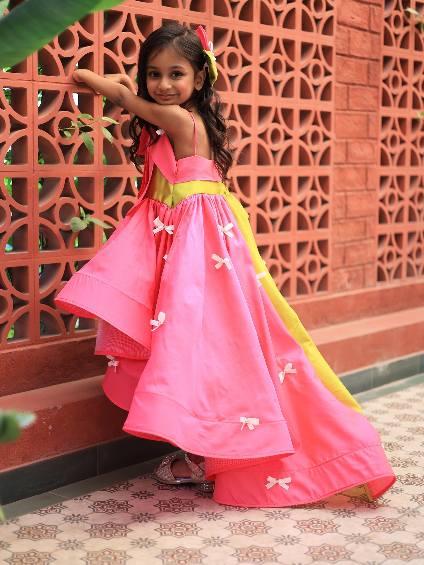 Pear Bear Pink & Green Bow Detail High Low Dress.