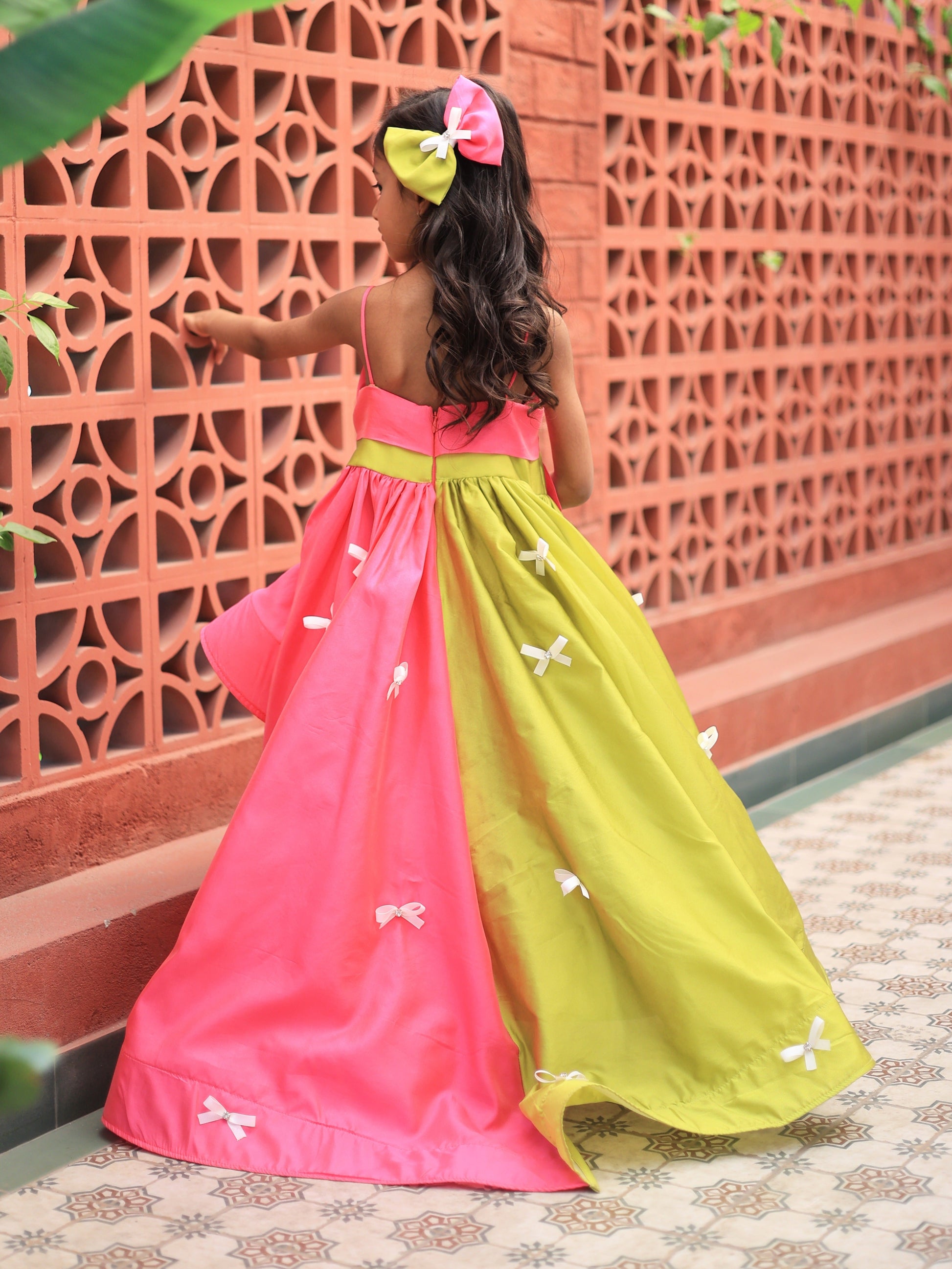 Pear Bear Pink & Green Bow Detail High Low Dress.