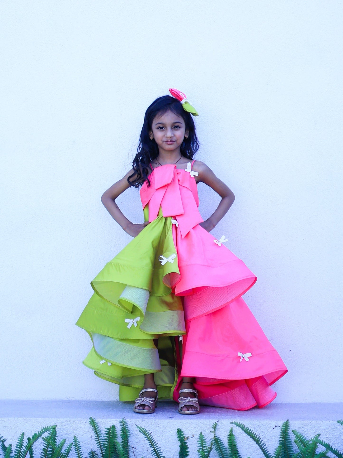 Pear Bear Pink & Green Bow Detail High Low Dress.