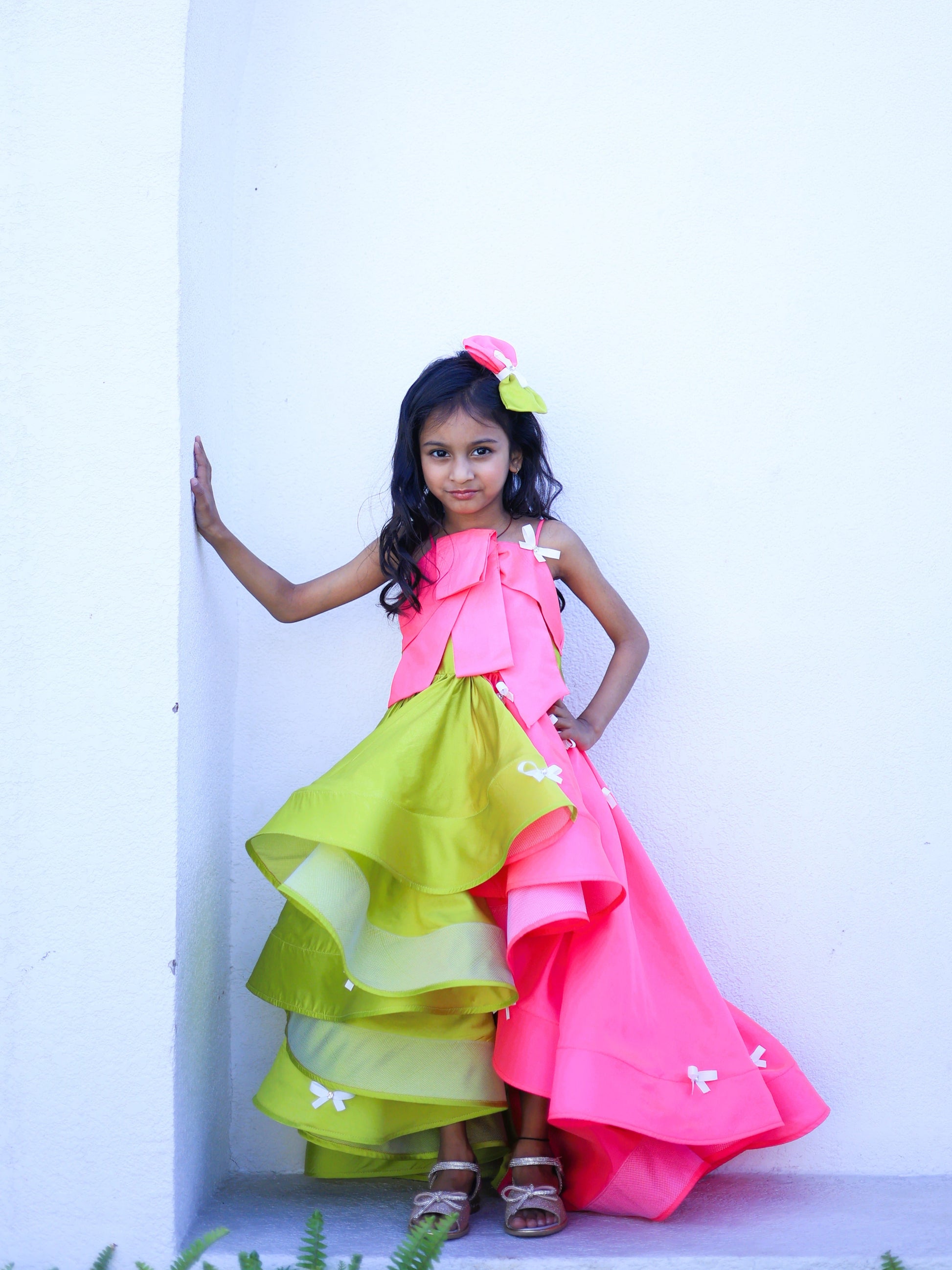 Pear Bear Pink & Green Bow Detail High Low Dress.