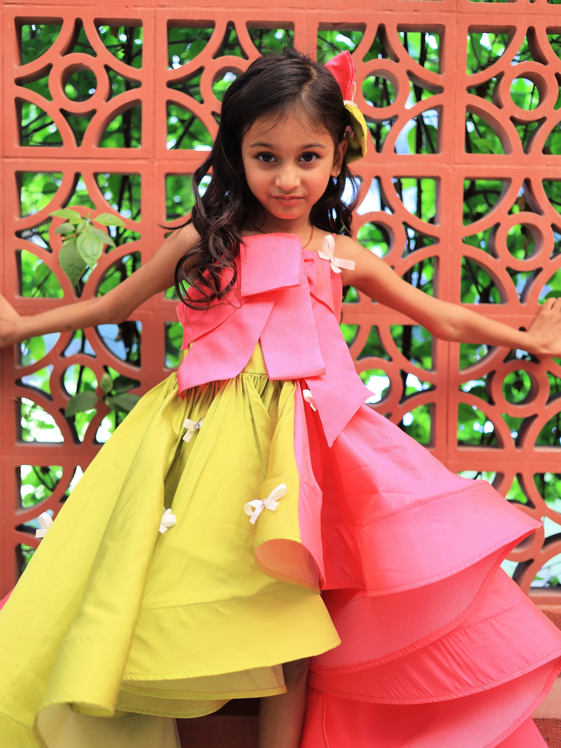 Pear Bear Pink & Green Bow Detail High Low Dress.