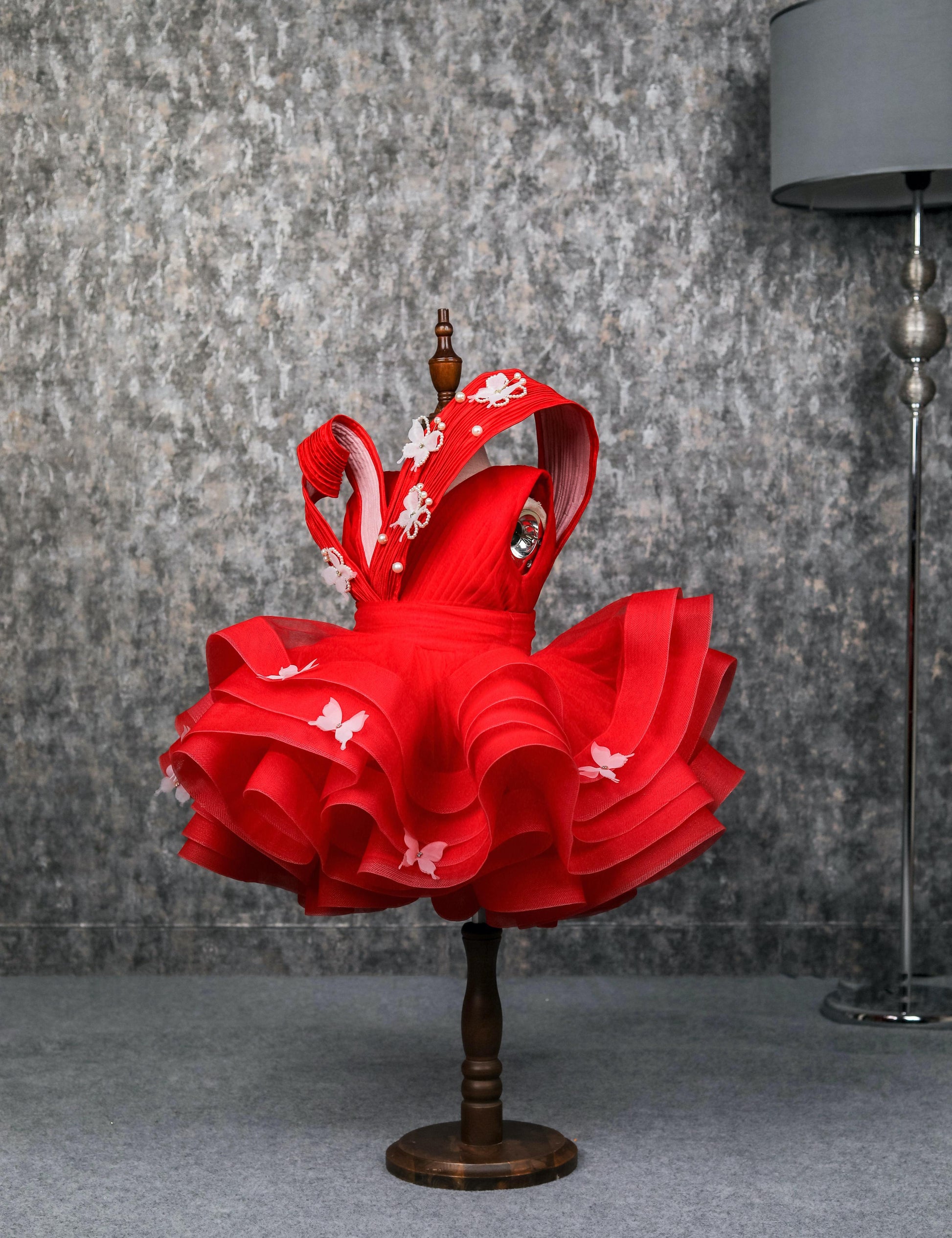 Pear Bear Pleated Yoke Red Butterfly Dress With Stiff Belt.