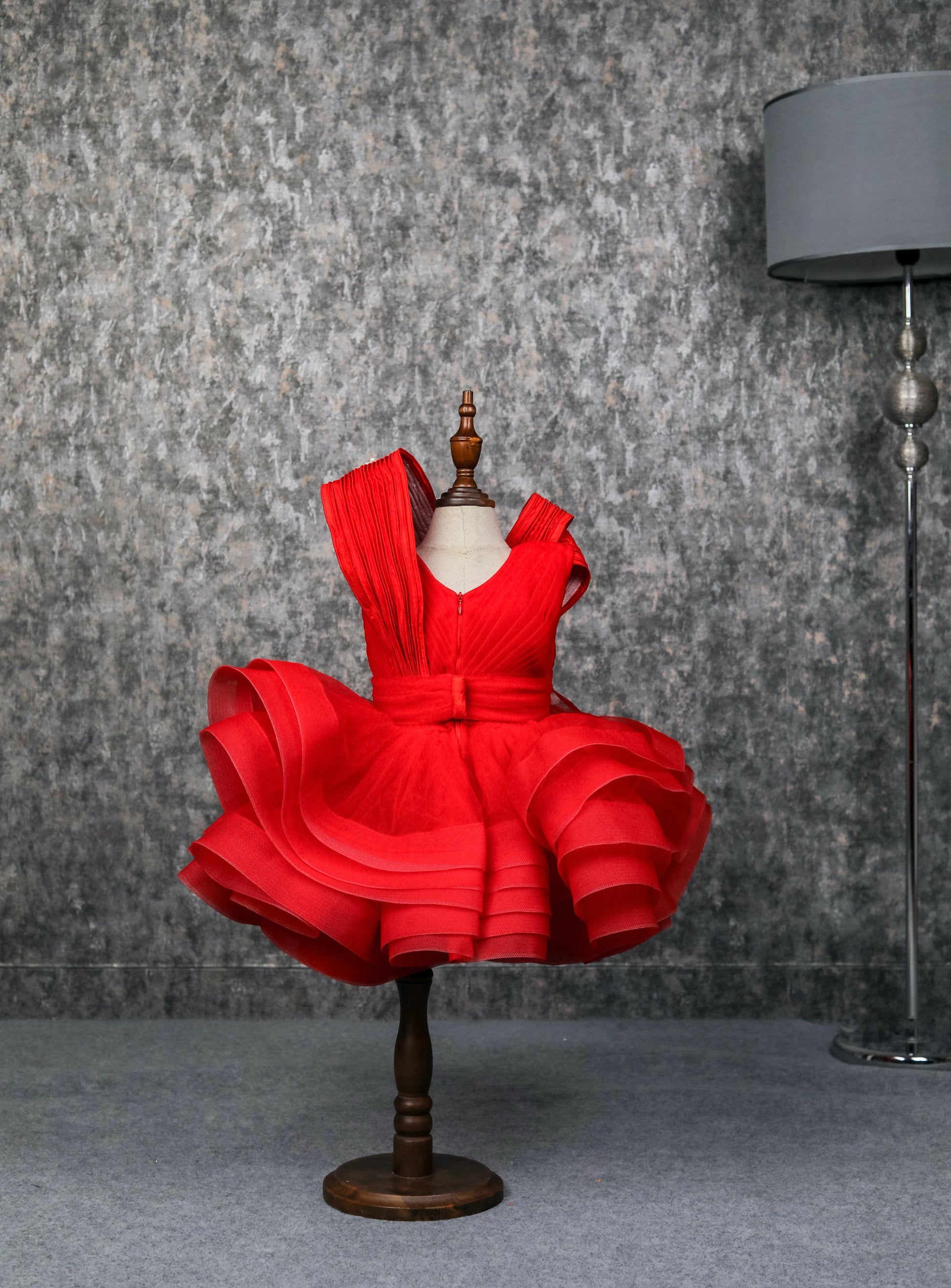 Pear Bear Pleated Yoke Red Butterfly Dress With Stiff Belt.