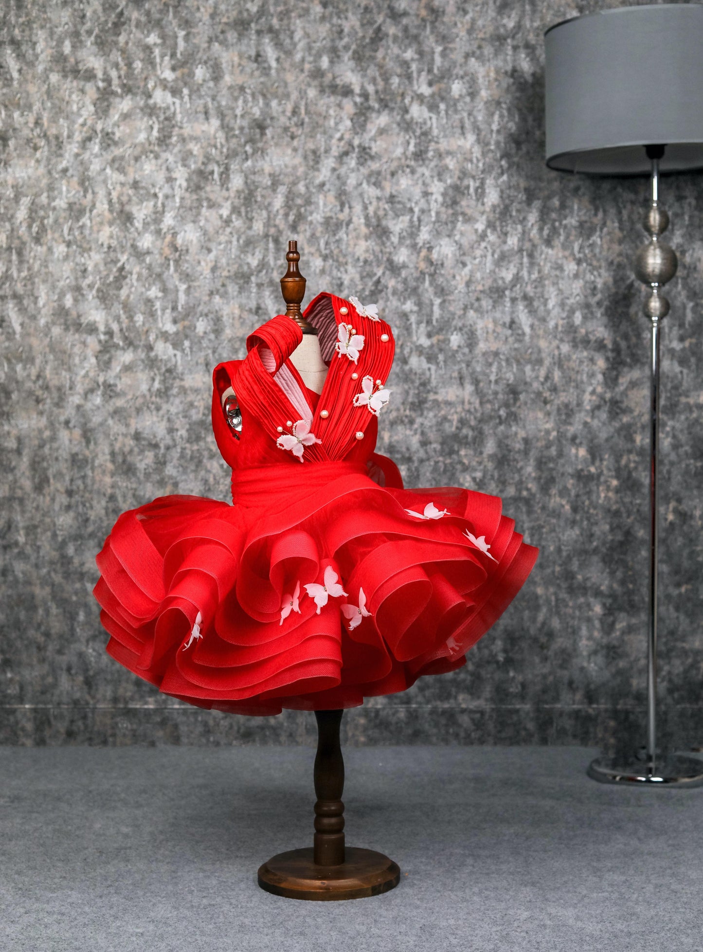 Pear Bear Pleated Yoke Red Butterfly Dress With Stiff Belt.