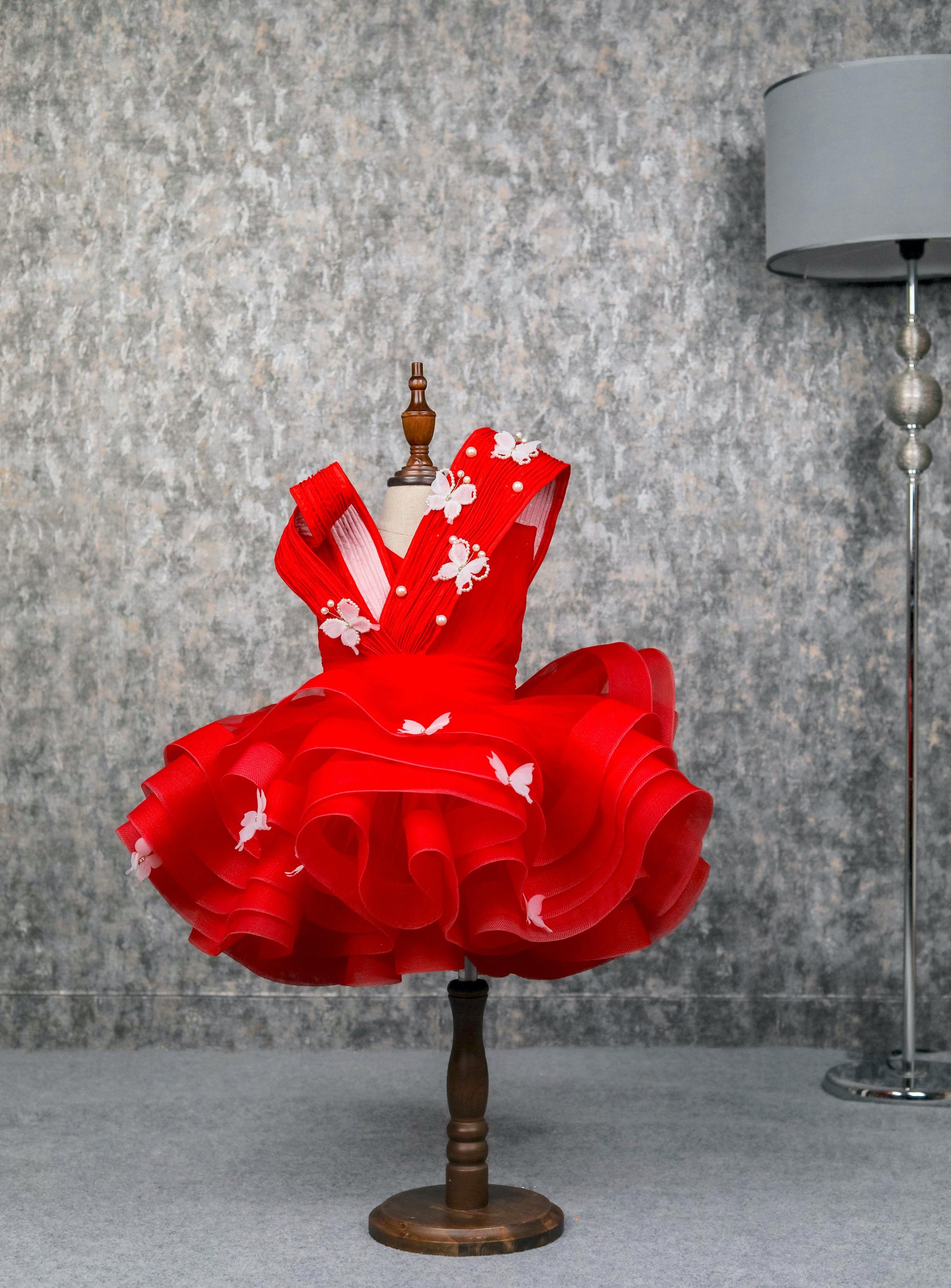Pear Bear Pleated Yoke Red Butterfly Dress With Stiff Belt.