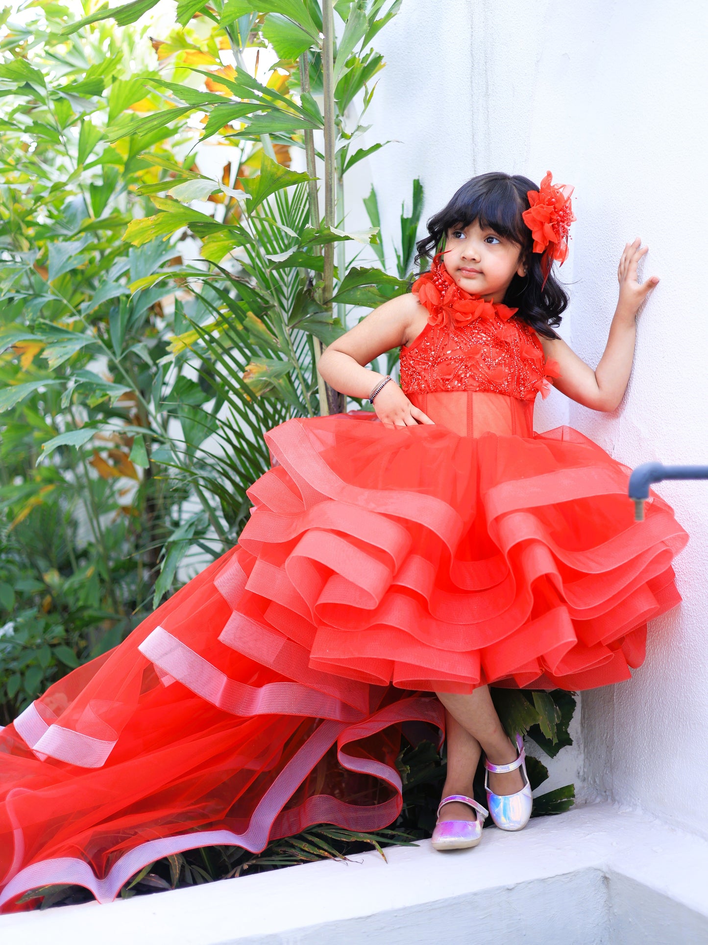 Pear Bear Red Princess Dress With Detachable Drape.