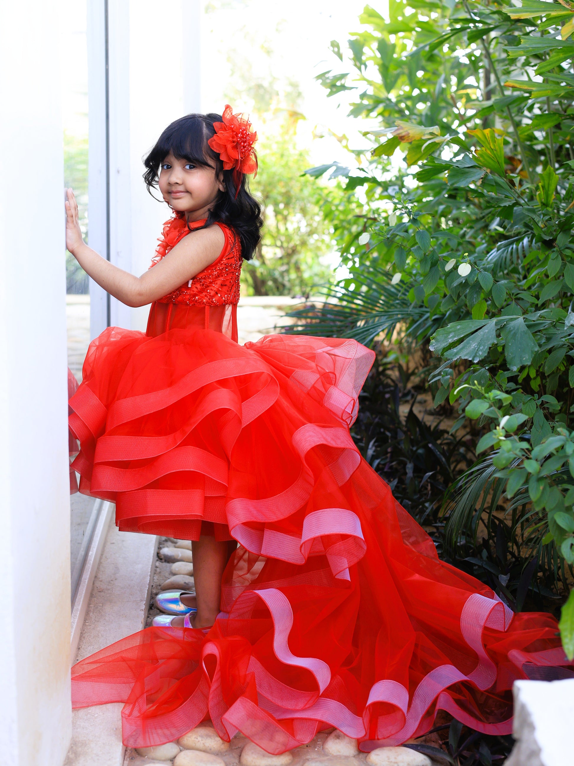 Pear Bear Red Princess Dress With Detachable Drape.