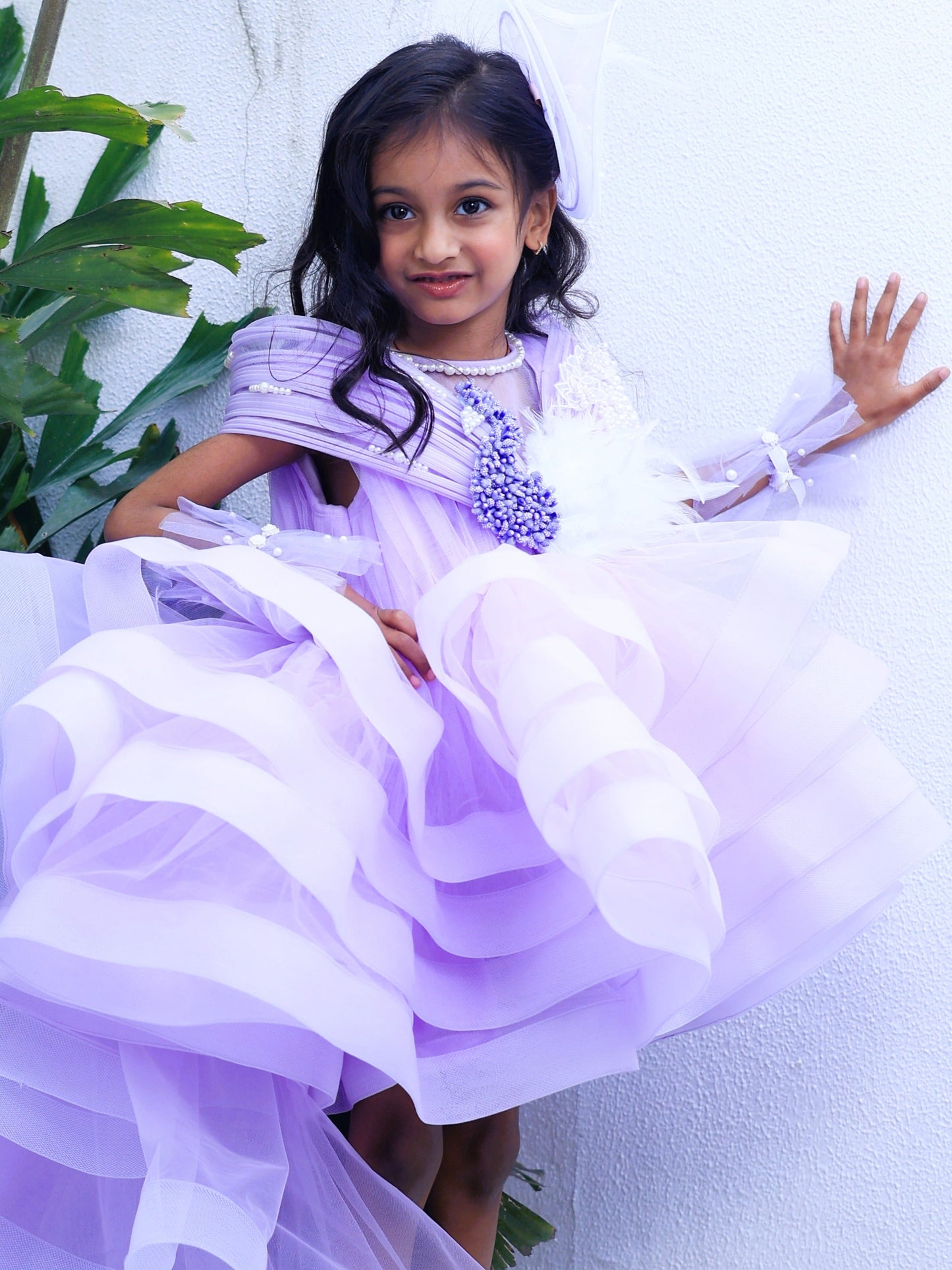 Pear Bear Ruffle Layered Lavender Dress With Detachable Drape.