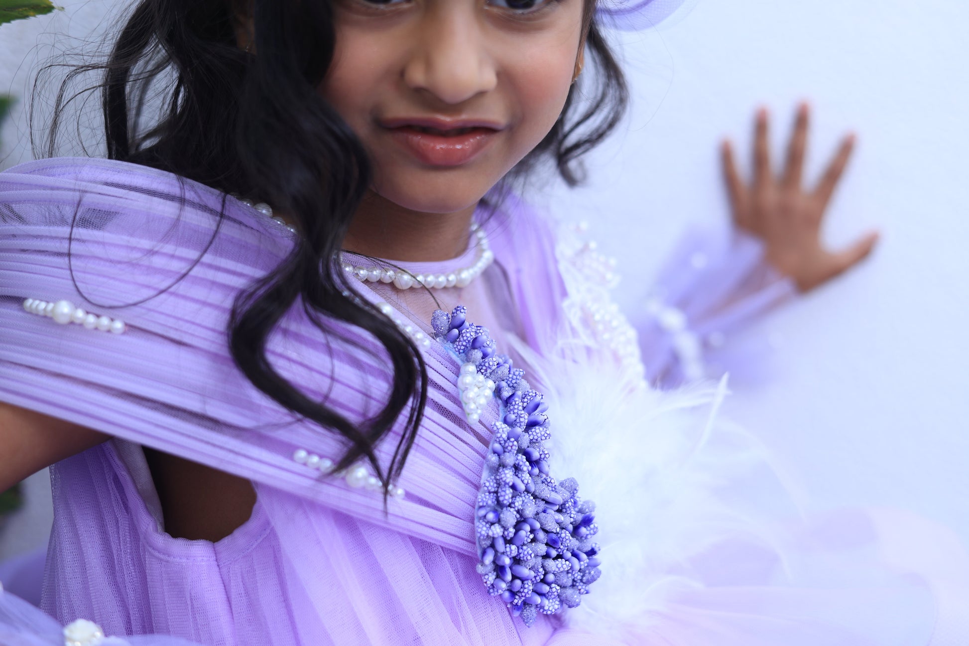 Pear Bear Ruffle Layered Lavender Dress With Detachable Drape.