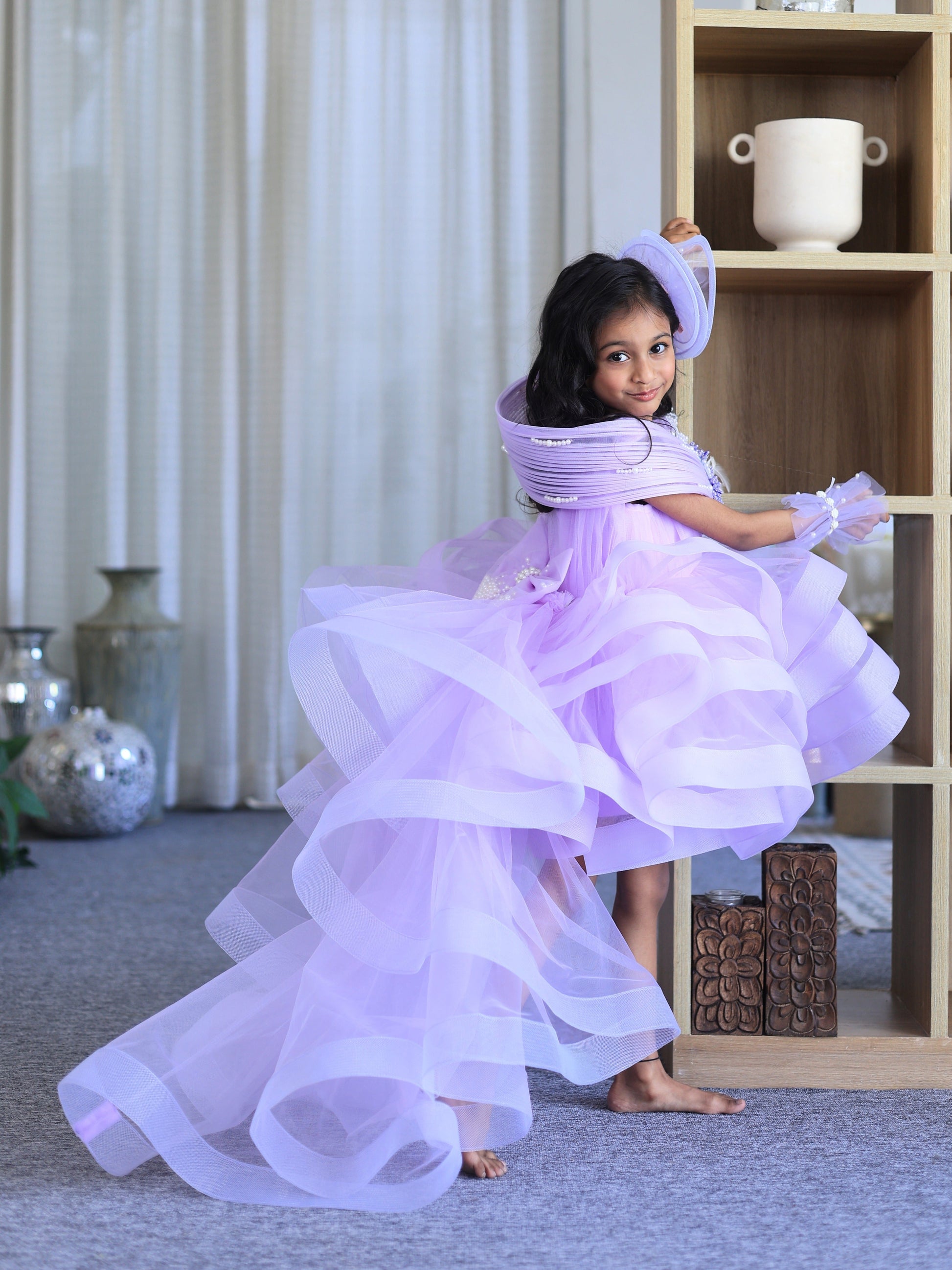 Pear Bear Ruffle Layered Lavender Dress With Detachable Drape.