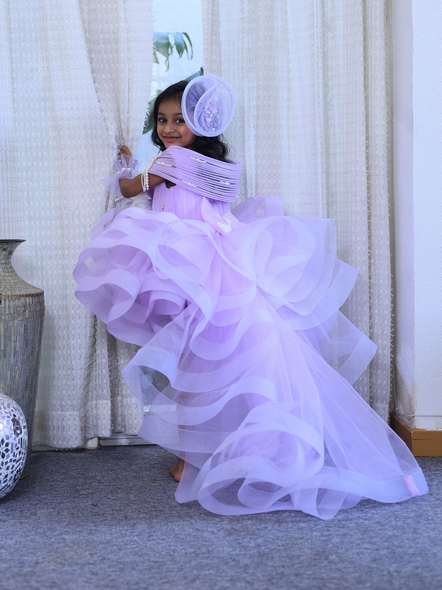 Pear Bear Ruffle Layered Lavender Dress With Detachable Drape.