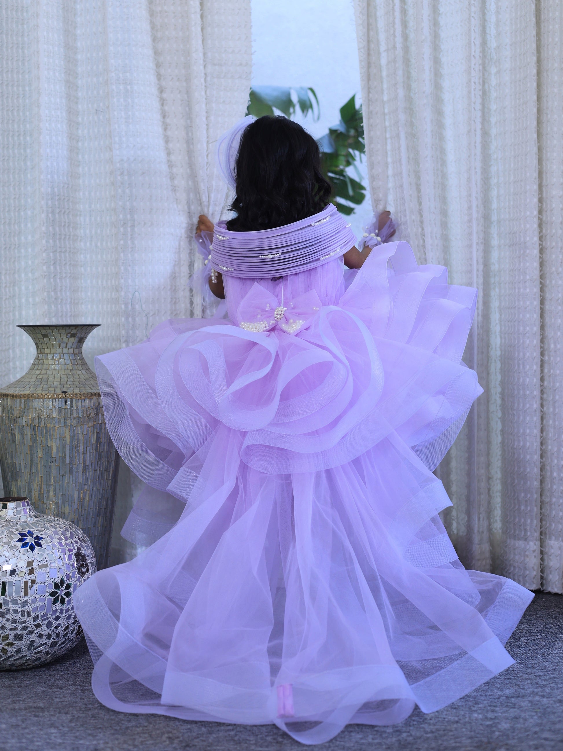 Pear Bear Ruffle Layered Lavender Dress With Detachable Drape.