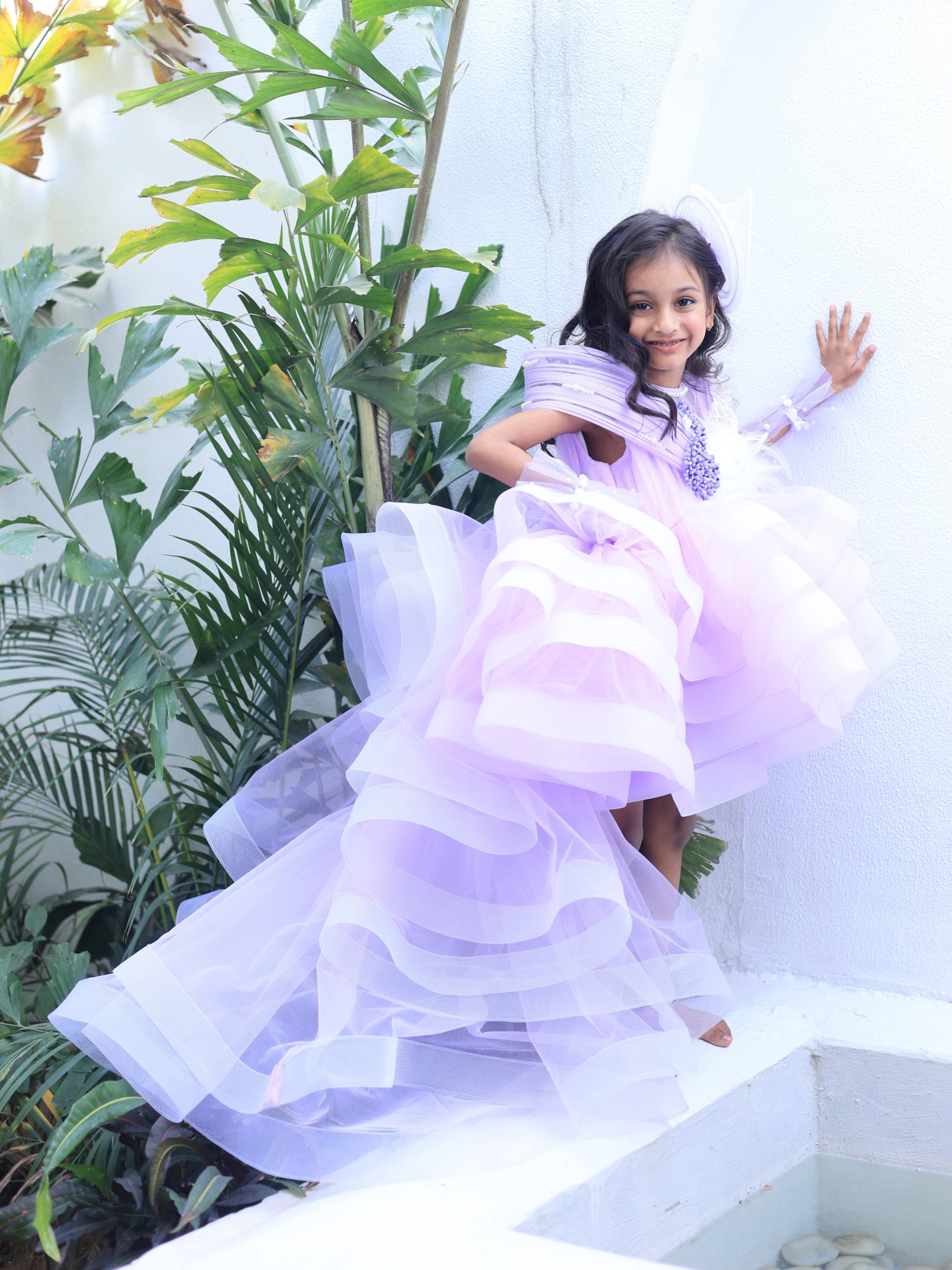 Pear Bear Ruffle Layered Lavender Dress With Detachable Drape.
