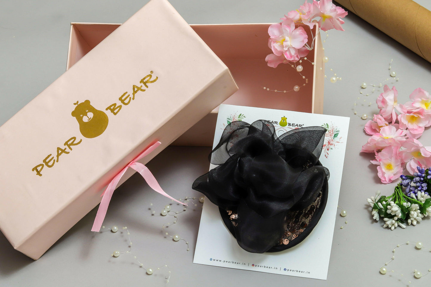 Pear Bear Shinny Sequin And Black Floral Hair Clip.