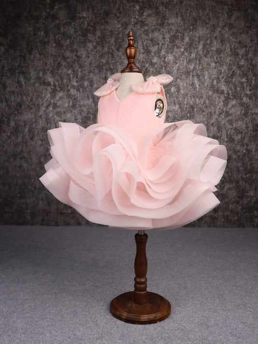 Pear Bear Stylish Ruffle Net Peach Dress.