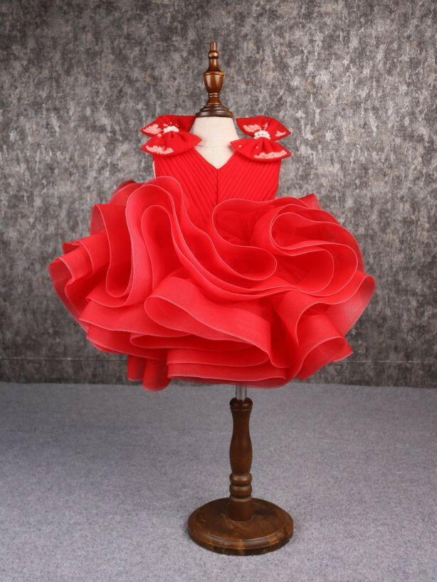 Pear Bear Stylish Ruffle Net Red Dress.