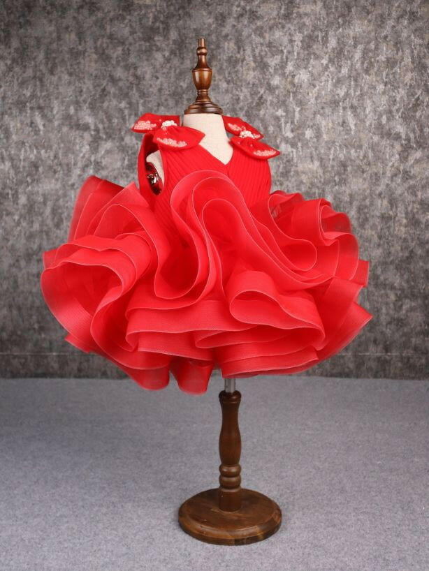 Pear Bear Stylish Ruffle Net Red Dress.